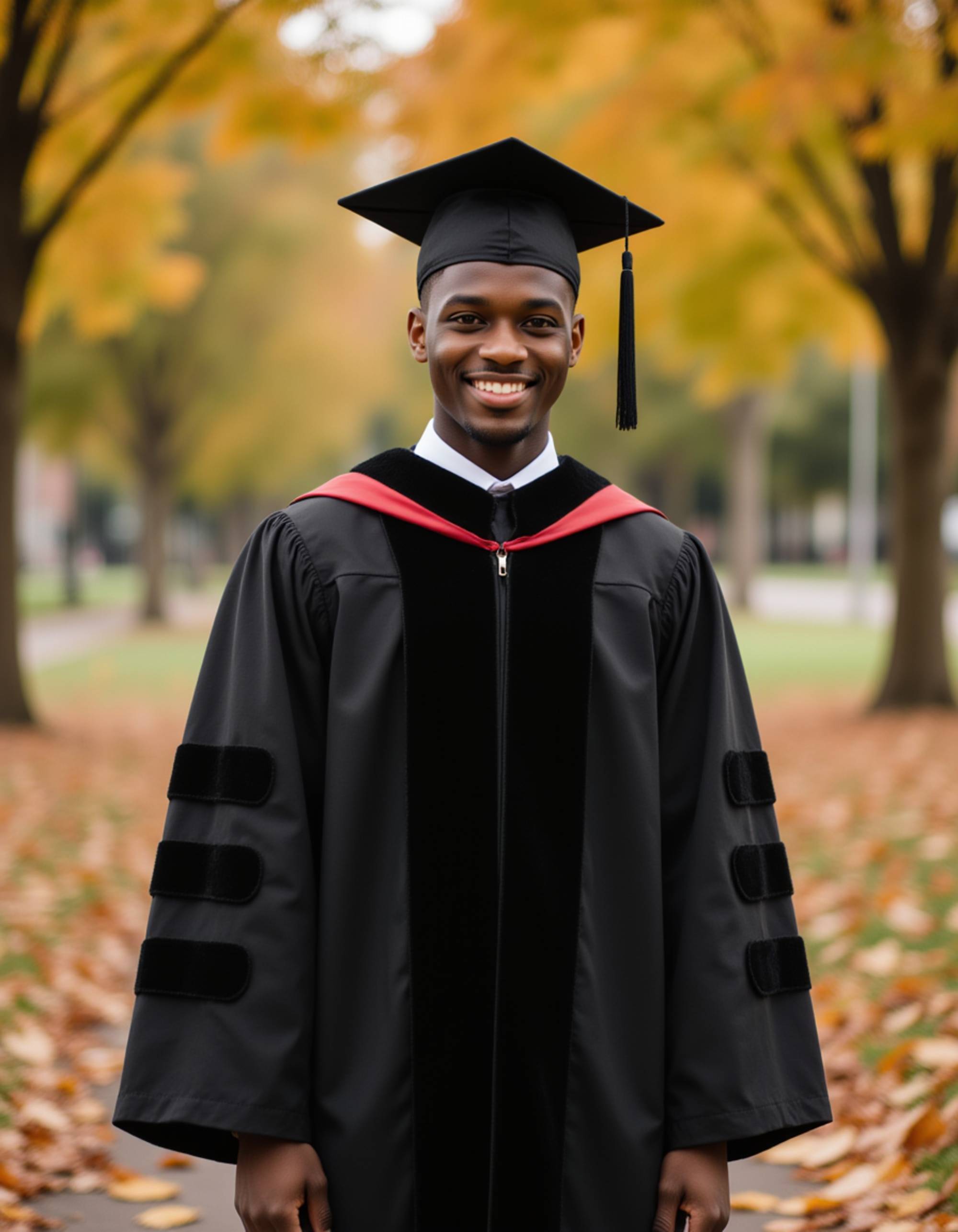 graduate model in formal black academic dress with velvet doctoral stripes, mortarboard perfectly positioned, autumn campus with golden leaves scattered