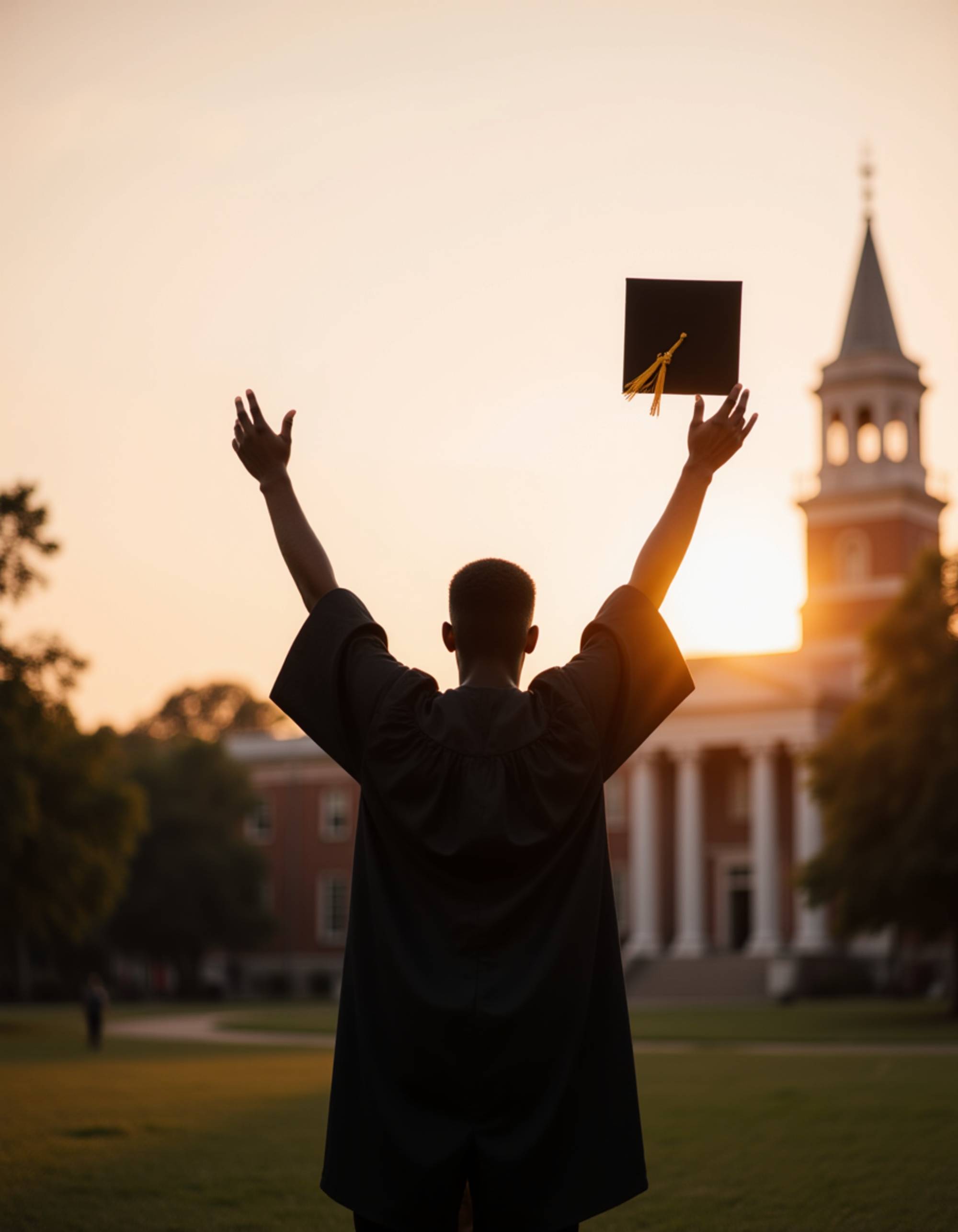 celebratory graduate with arms raised in victory pose, cap and gown flowing in gentle breeze, sunset silhouette against university's main building