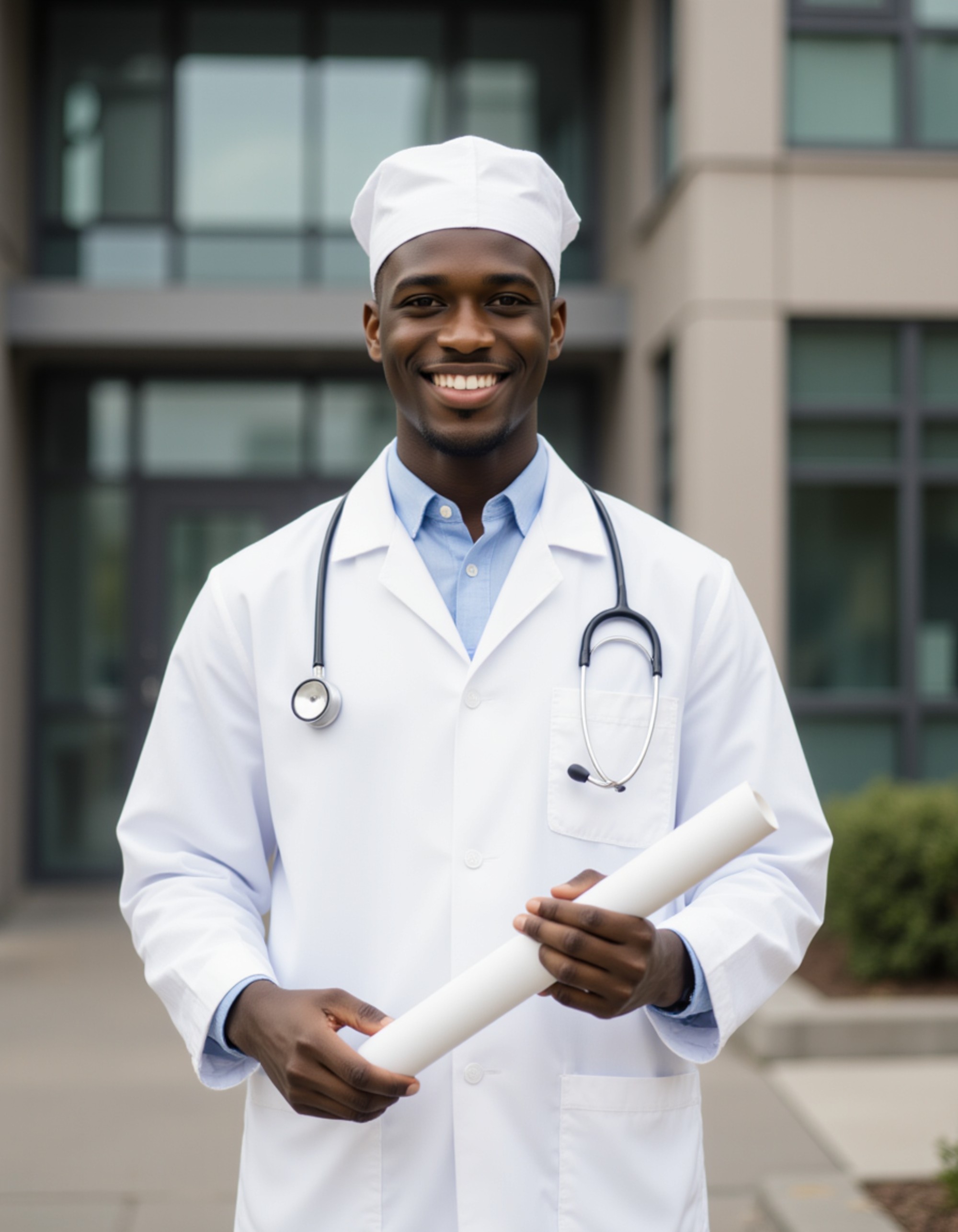 graduate model in pristine white nursing uniform with cap, holding diploma and stethoscope, hospital or medical center entrance in background
