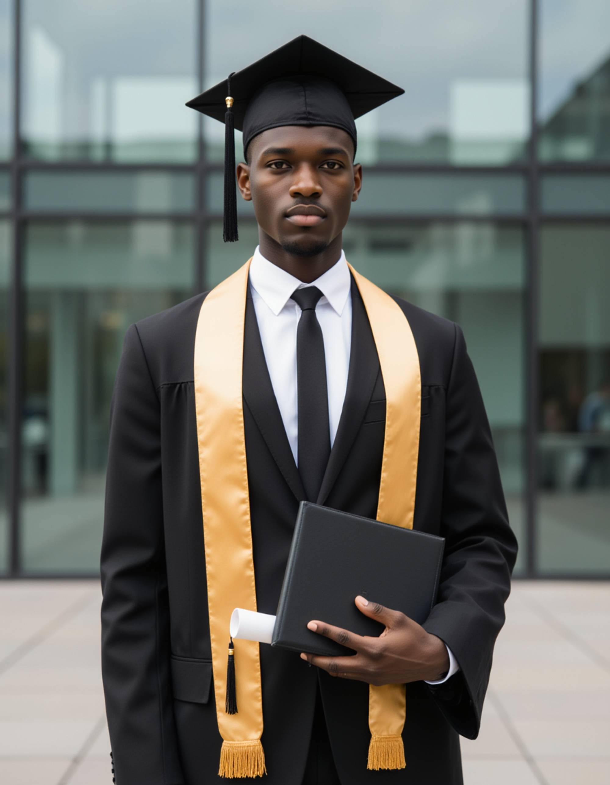 distinguished graduate in business formal attire with graduation sash, holding leather diploma holder, modern university business school glass facade behind