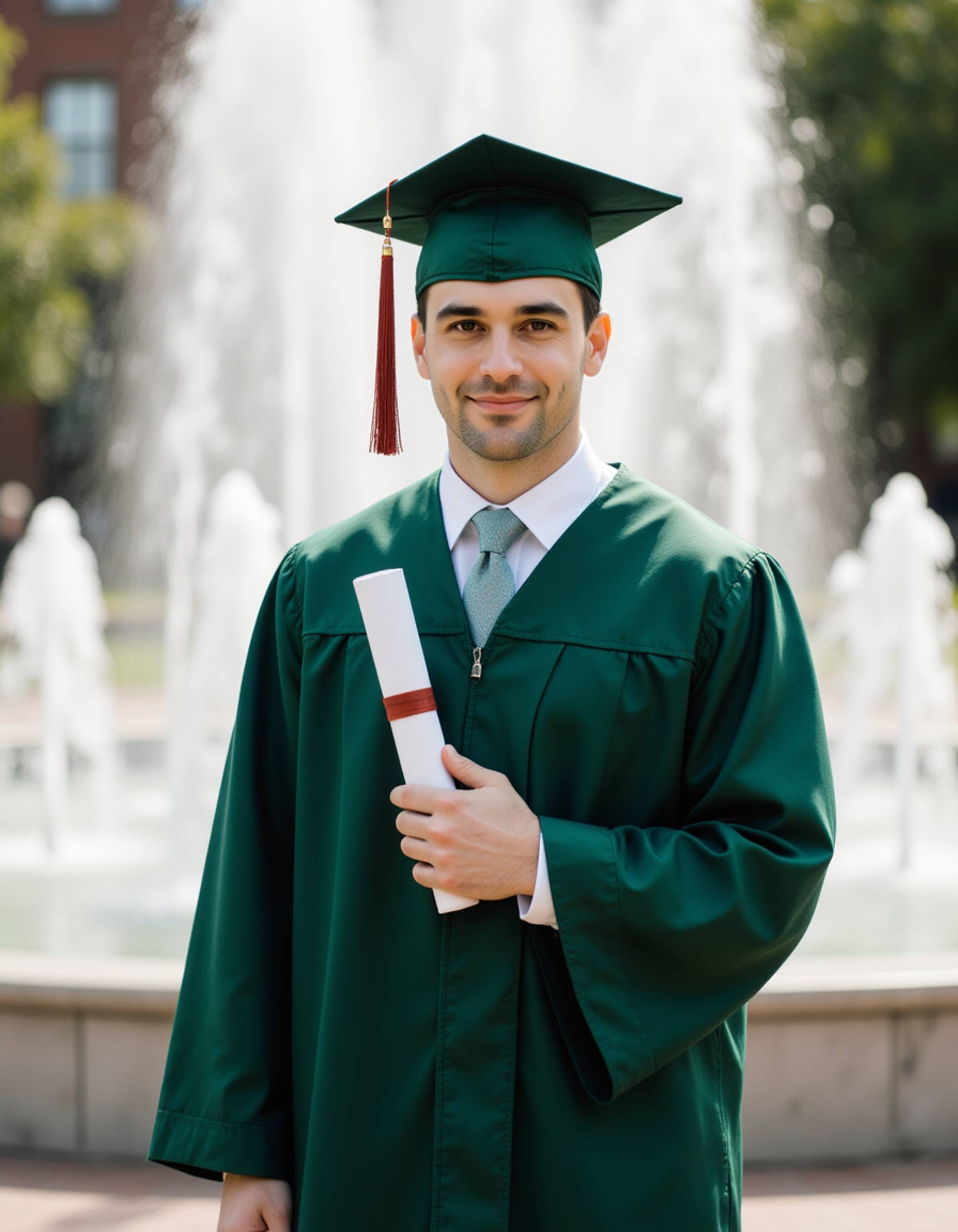 graduate model in emerald green cap and gown with silver accents, diploma in hand, posed beside university fountain with water features sparkling in sunlight