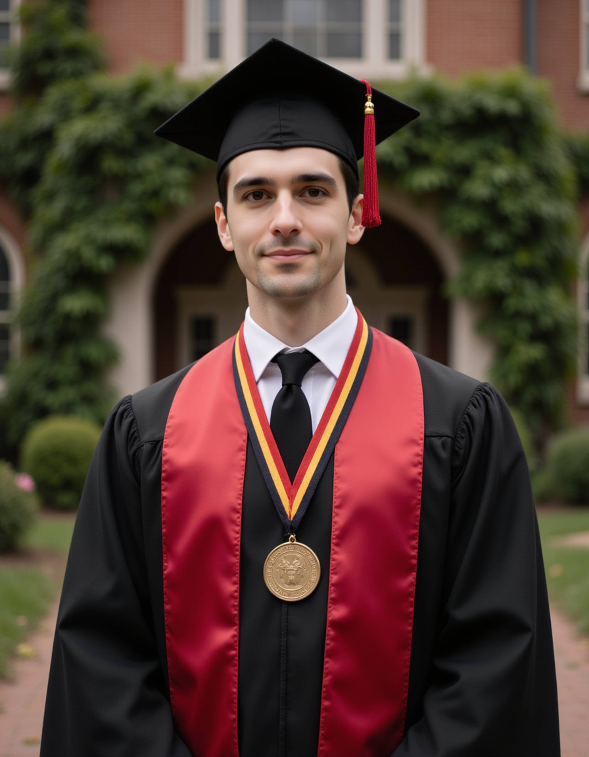 proud graduate wearing graduation regalia with honor society medallion, mortarboard with year tassel, historic brick university hall with ivy backdrop