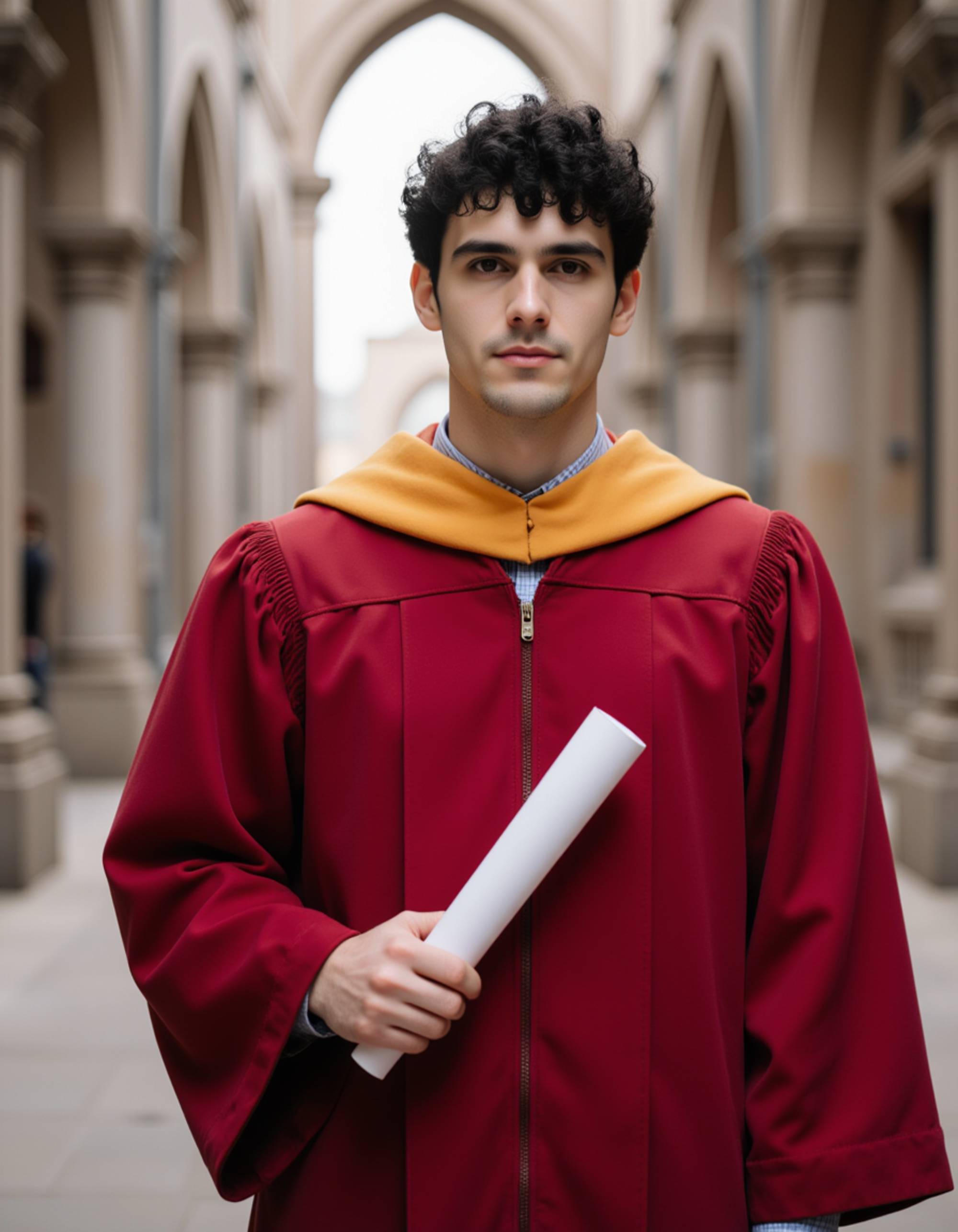 graduate model in crimson red academic robes with gold hood lining, holding rolled parchment, classical university courtyard with stone archways