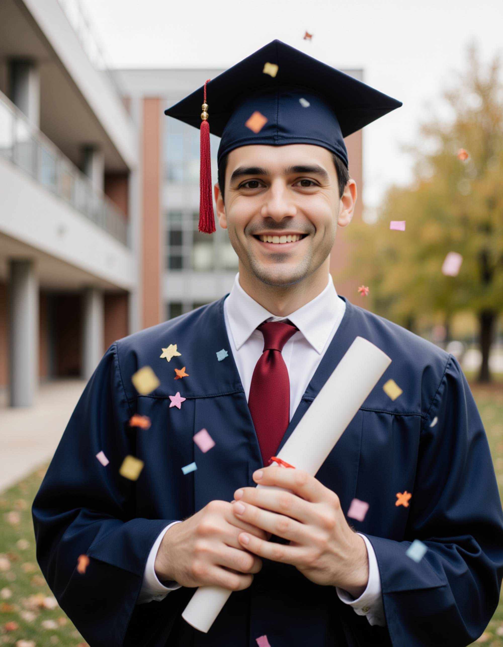 celebrating graduate with confetti falling around cap and gown, joyful expression while holding diploma, modern campus student center in background