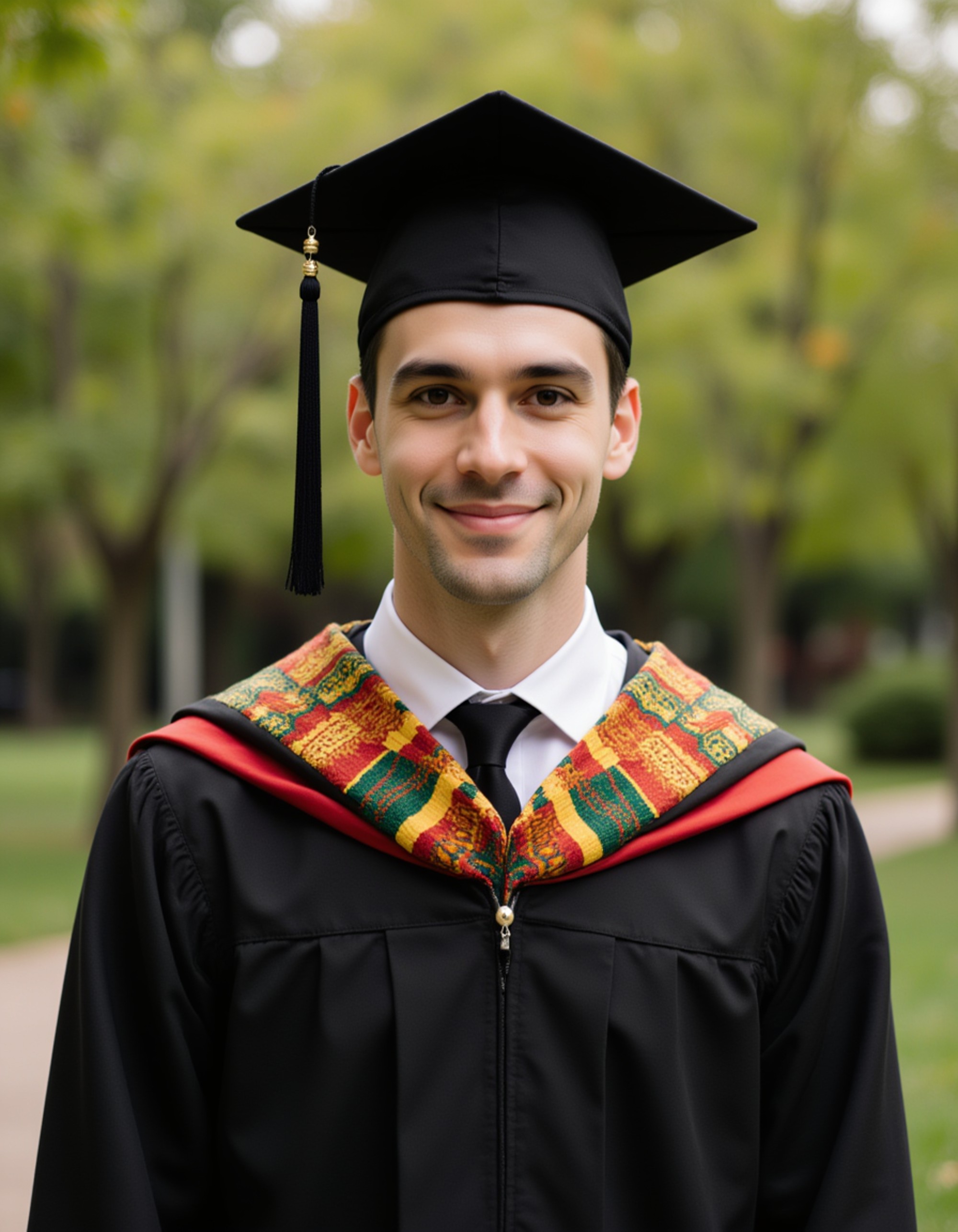 graduate model in traditional black regalia with colorful kente cloth stole, mortarboard tilted elegantly, university's diversity garden setting