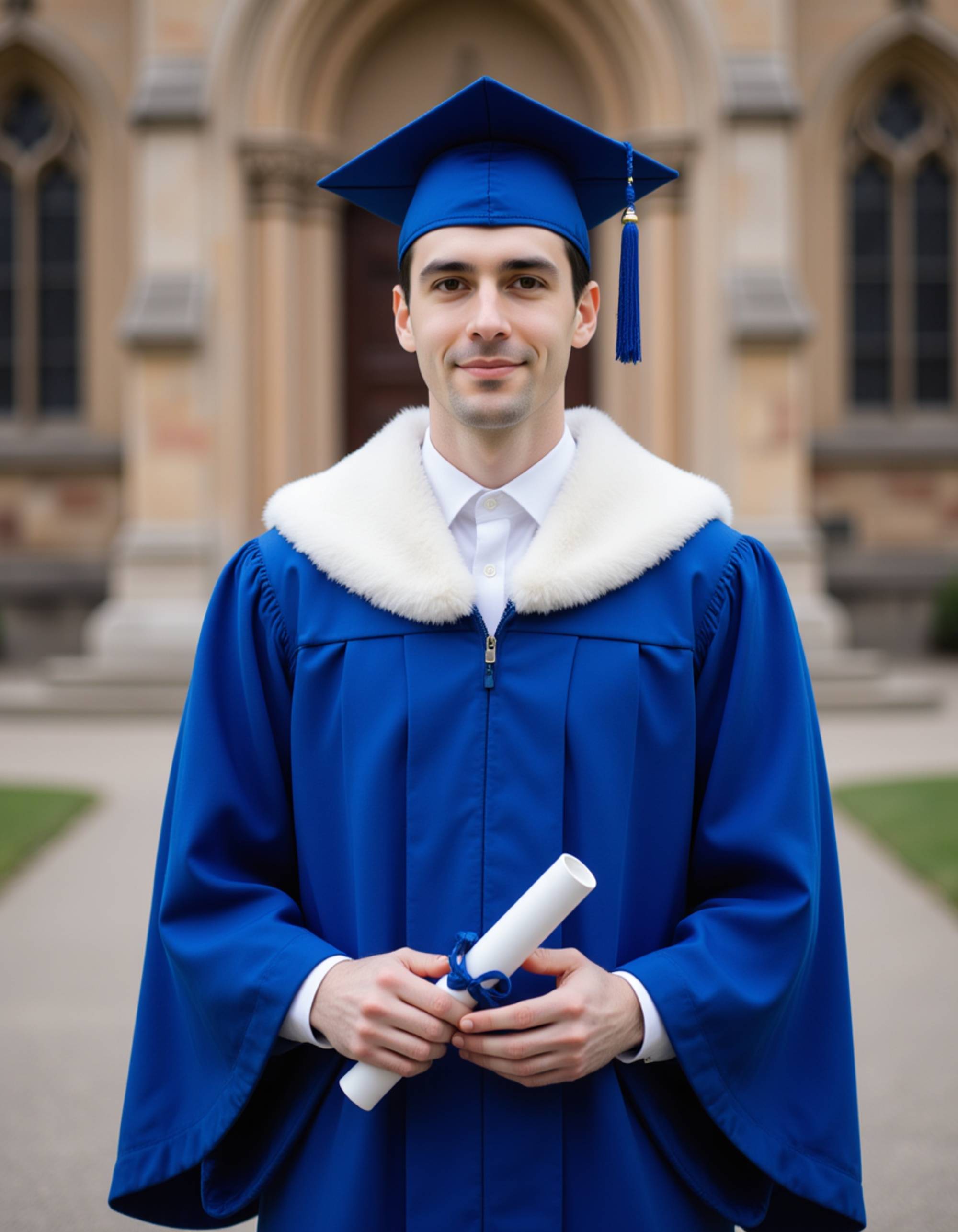 formal graduate portrait in royal blue academic dress with white fur hood trim, diploma certificate displayed, gothic university chapel architecture behind