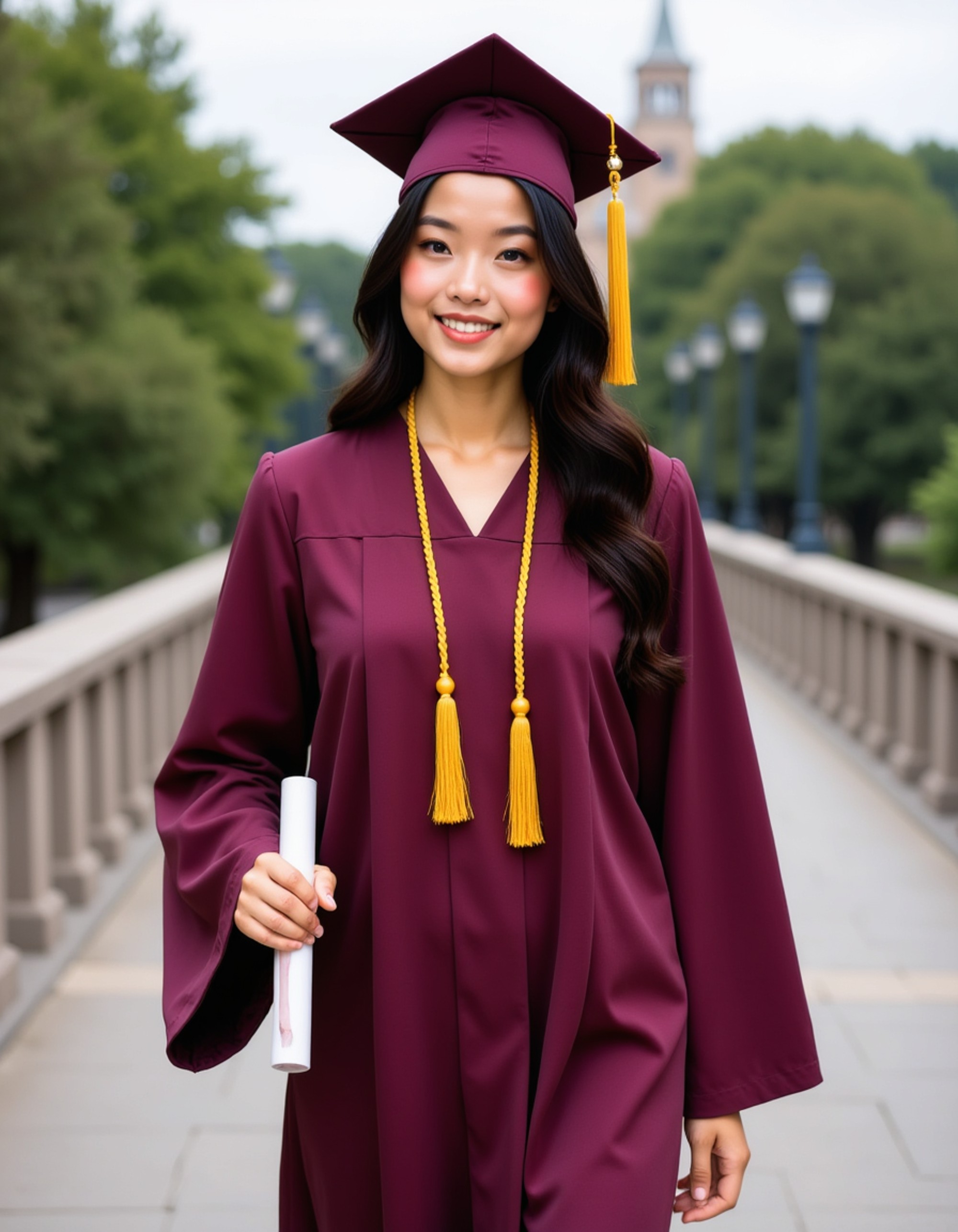graduate model in maroon cap and gown with gold braided cords, walking across iconic university bridge, diploma tucked under arm, campus river below