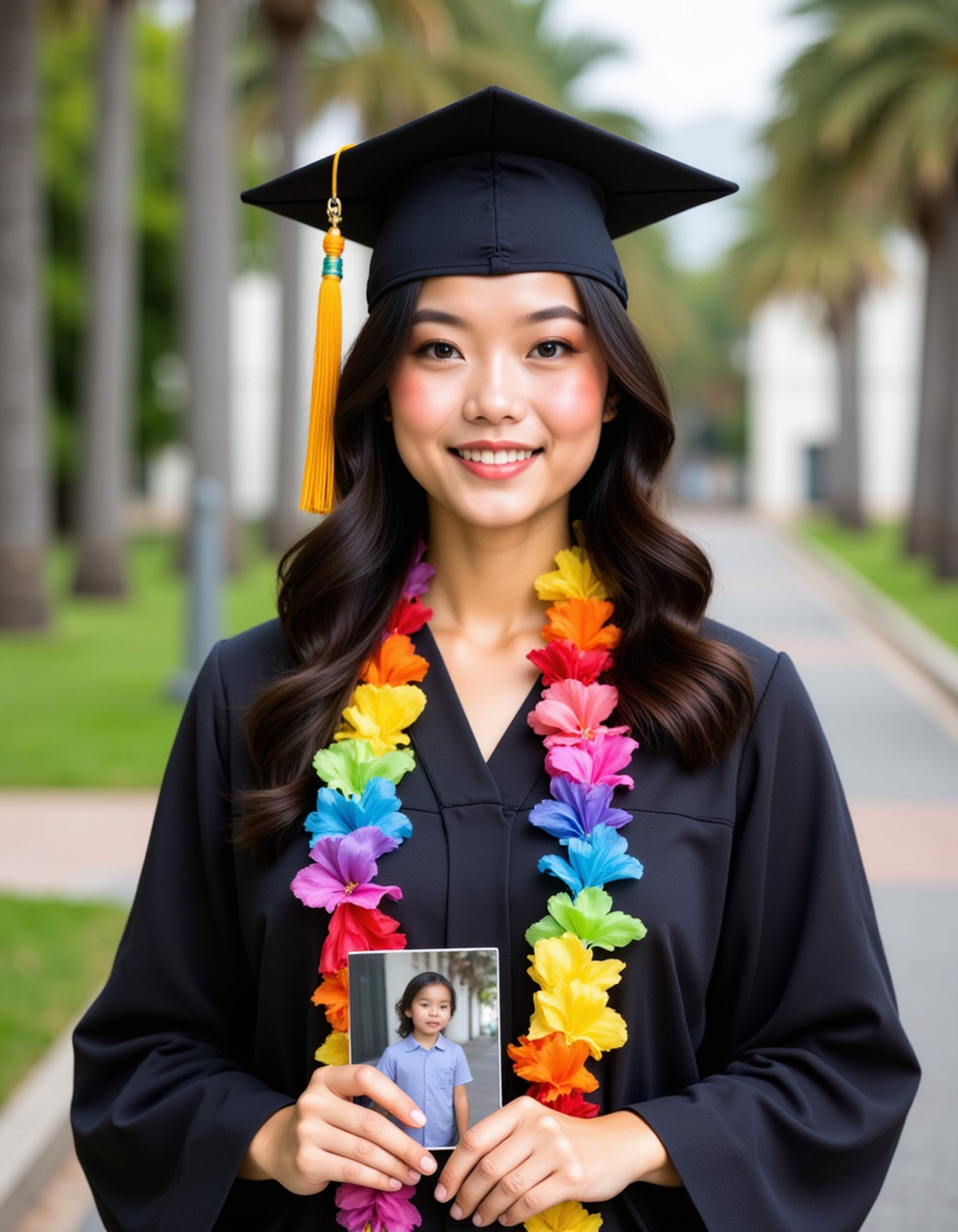smiling graduate in black academic regalia with colorful graduation lei, mortarboard decorated with family photo, tropical university campus with palm trees