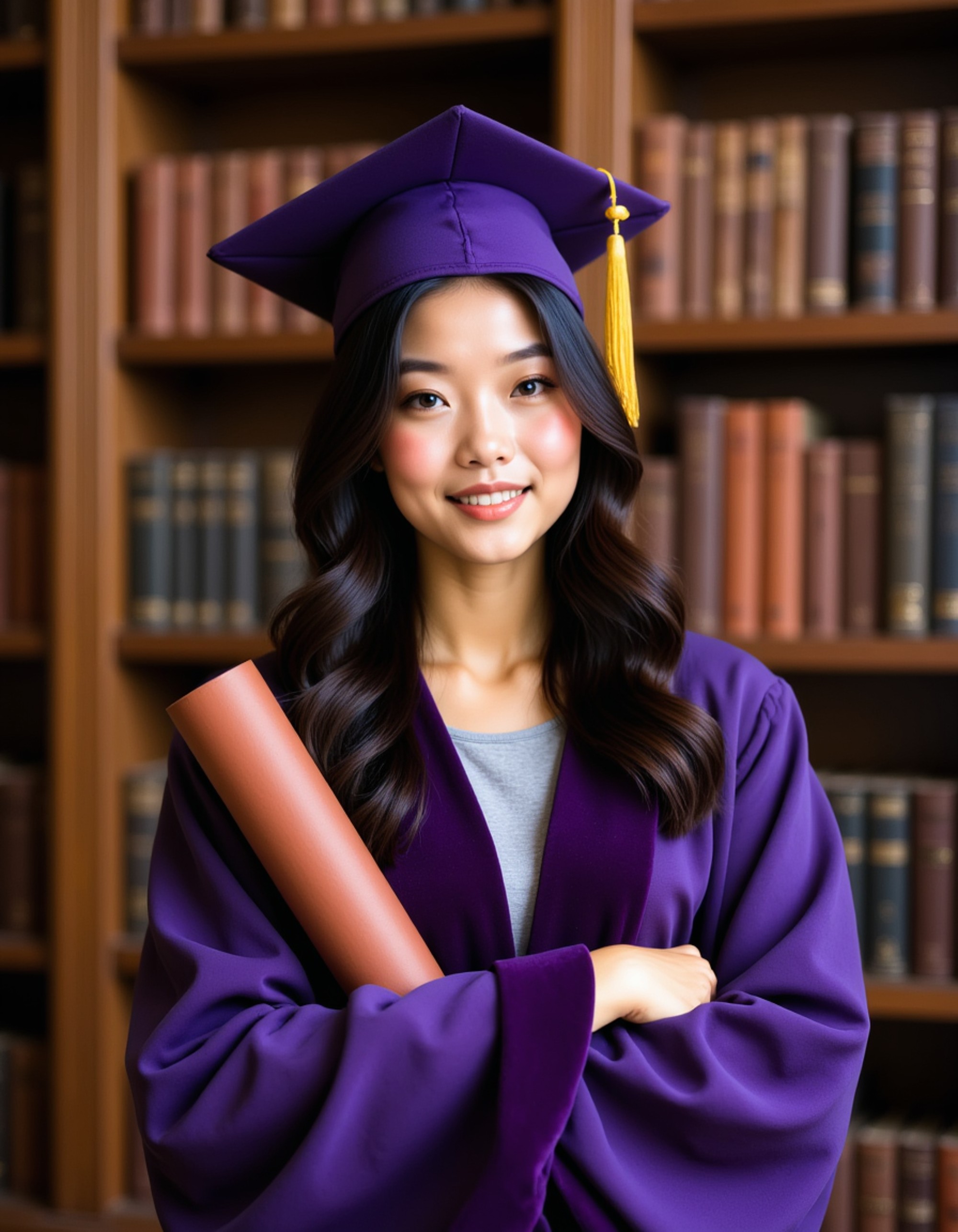 graduate model in purple velvet doctoral tam and hood, holding leather-bound thesis, posed in university's historic library reading room with wooden shelves