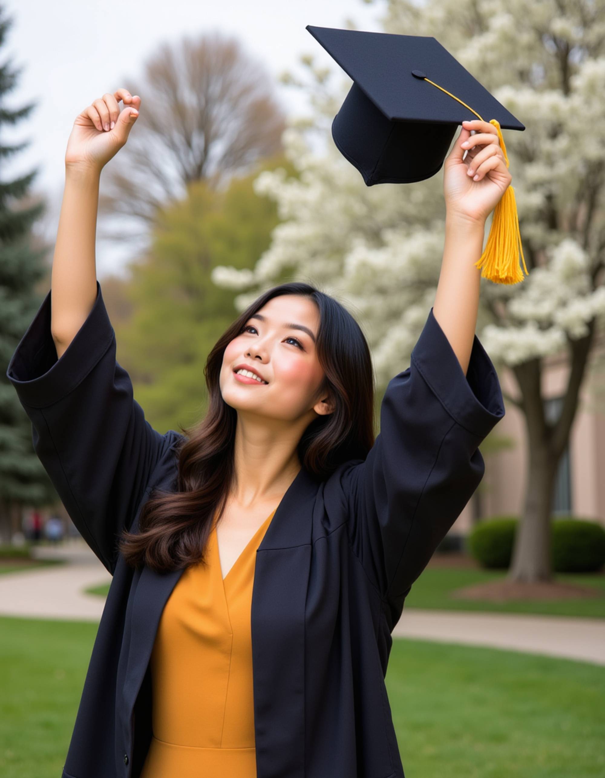celebratory graduate throwing mortarboard cap high in air, gown billowing dramatically, university's main quad filled with blooming spring flowers