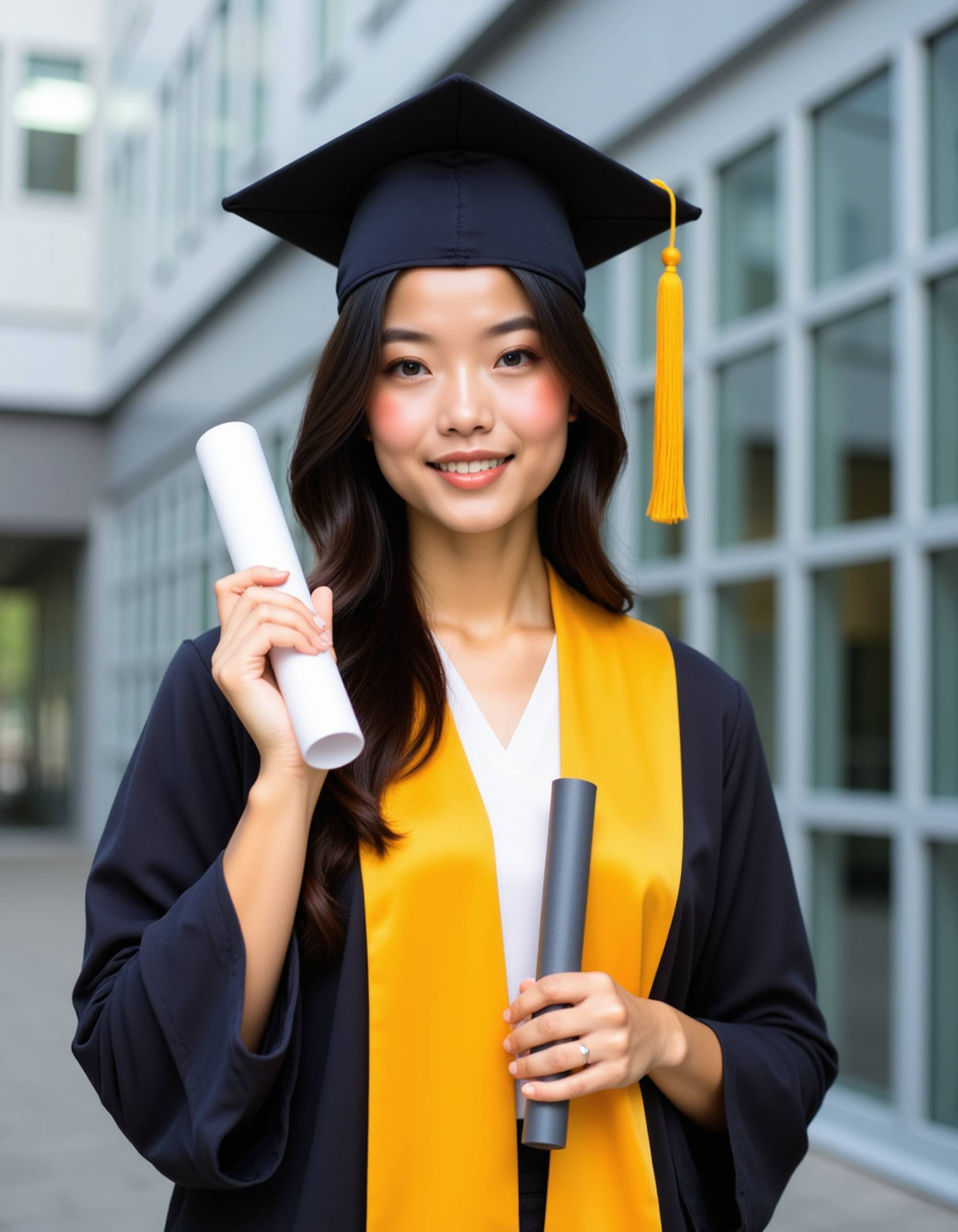 graduate model in engineering cap and gown with yellow honor cord, holding rolled diploma and calculator, modern STEM building with glass and steel architecture
