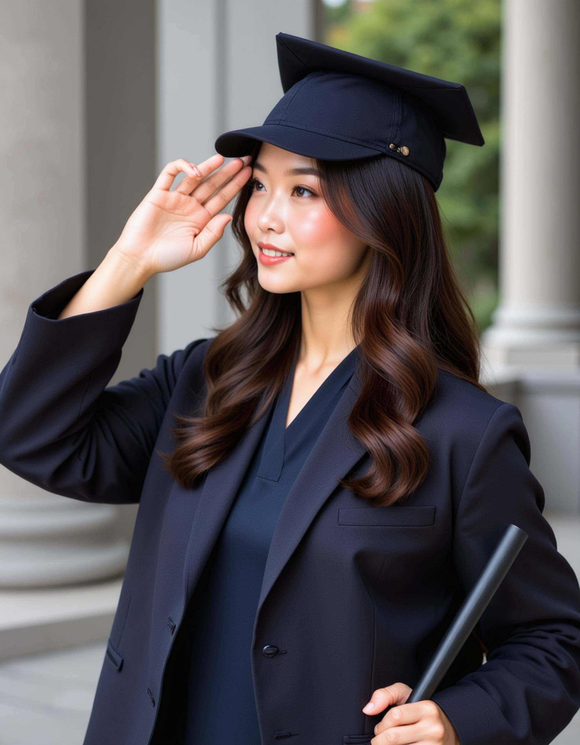 proud graduate in military dress uniform with academic honors, saluting while holding diploma, patriotic university memorial or flagpole ceremony area