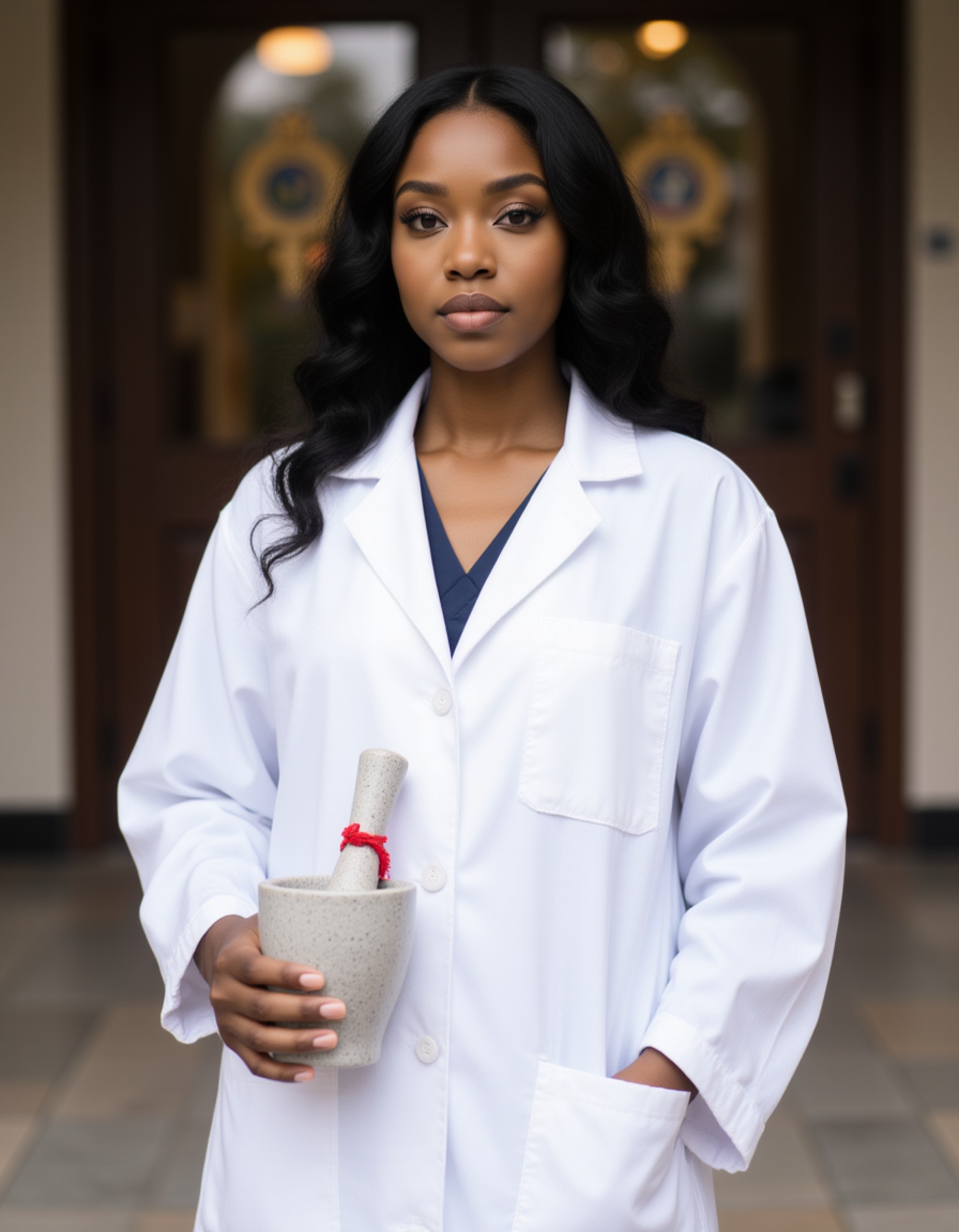 graduate model in pristine white pharmacy coat over graduation gown, holding diploma and mortar and pestle, university pharmacy school entrance with medical symbols