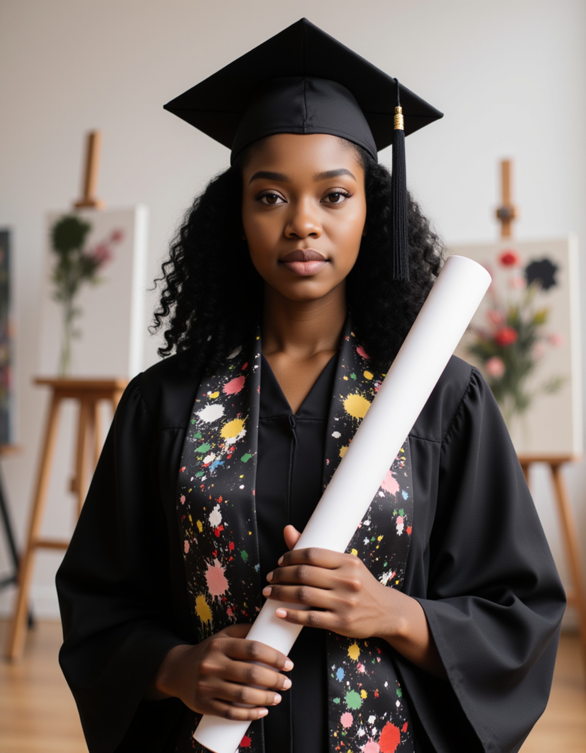 artistic graduate in black cap and gown with paint-splattered honor stole, holding rolled art degree, university art studio with easels and sculptures behind