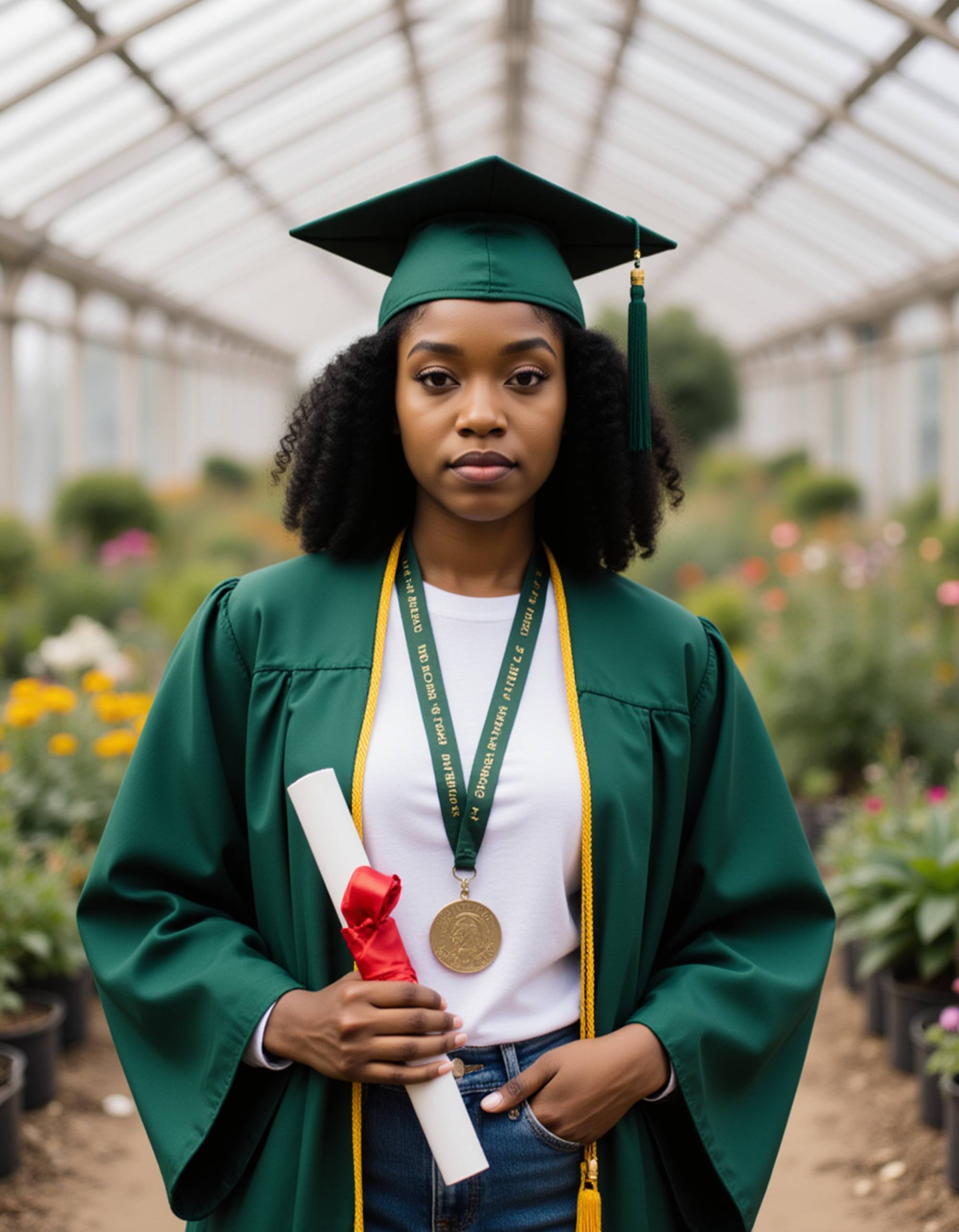 graduate model in forest green academic regalia with environmental science cord, diploma in hand, university botanical garden with greenhouse backdrop