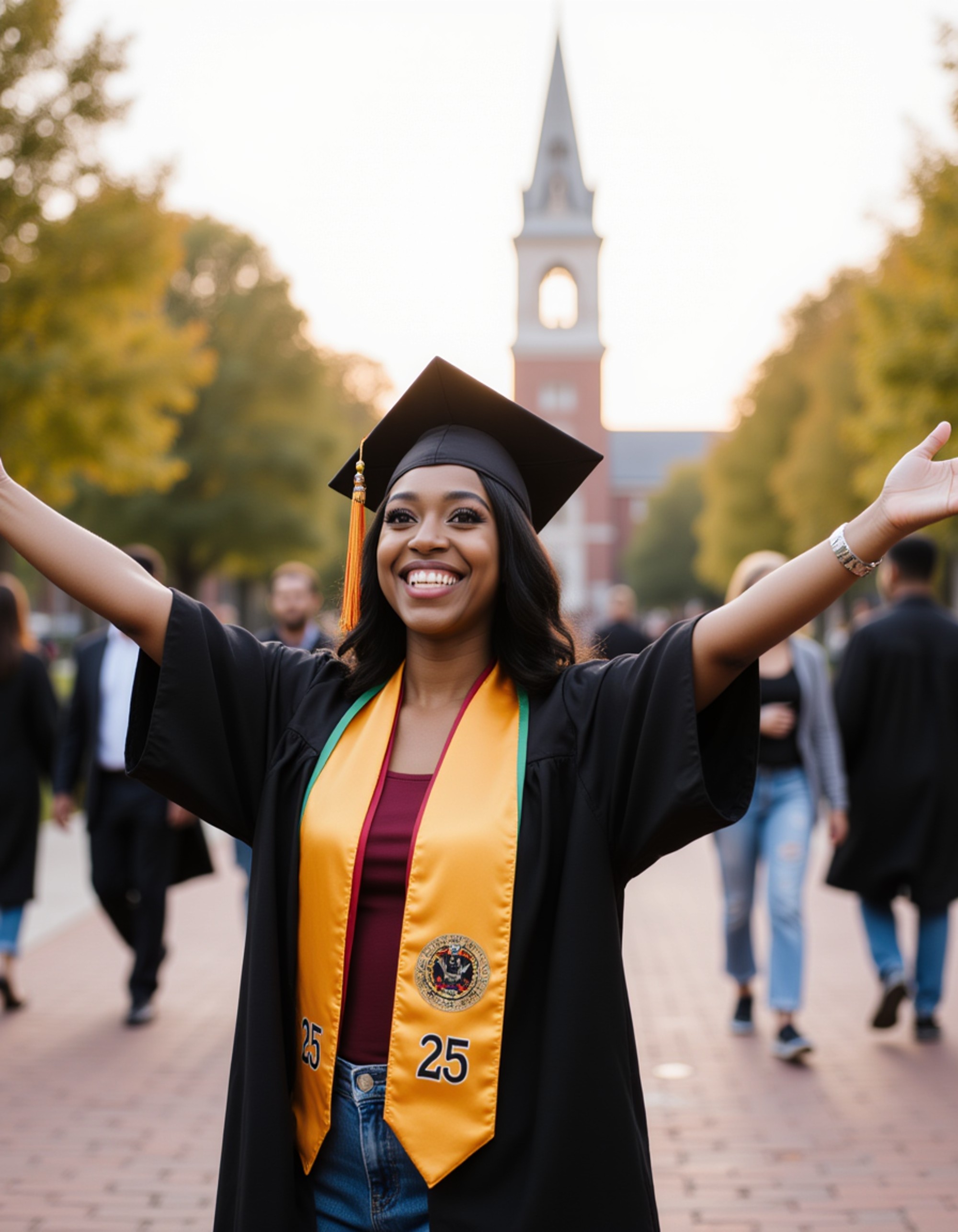celebrating graduate with family photo pinned to mortarboard, colorful graduation sash, arms outstretched in joy, university's iconic bell tower in distance