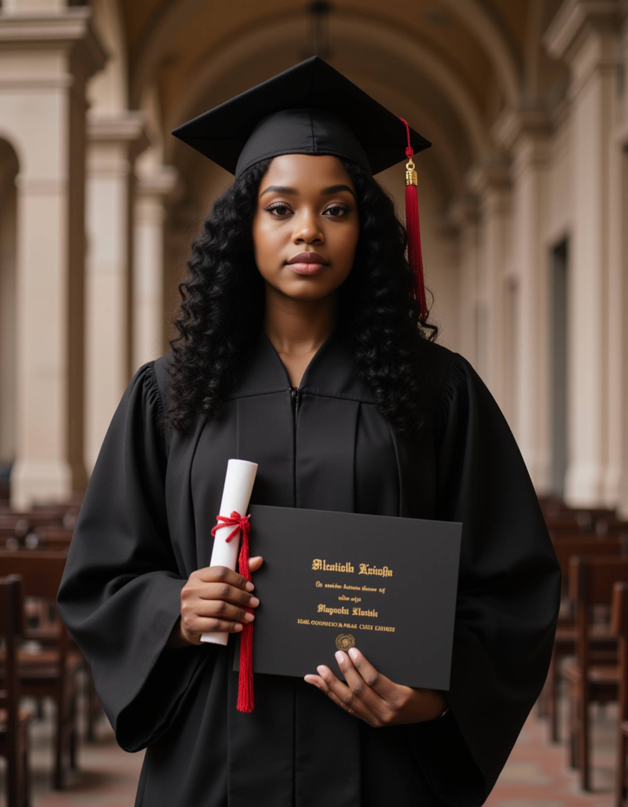 graduate model in classic black robes with silver academic hood, holding magna cum laude certificate, university's grand ceremonial hall with ornate columns