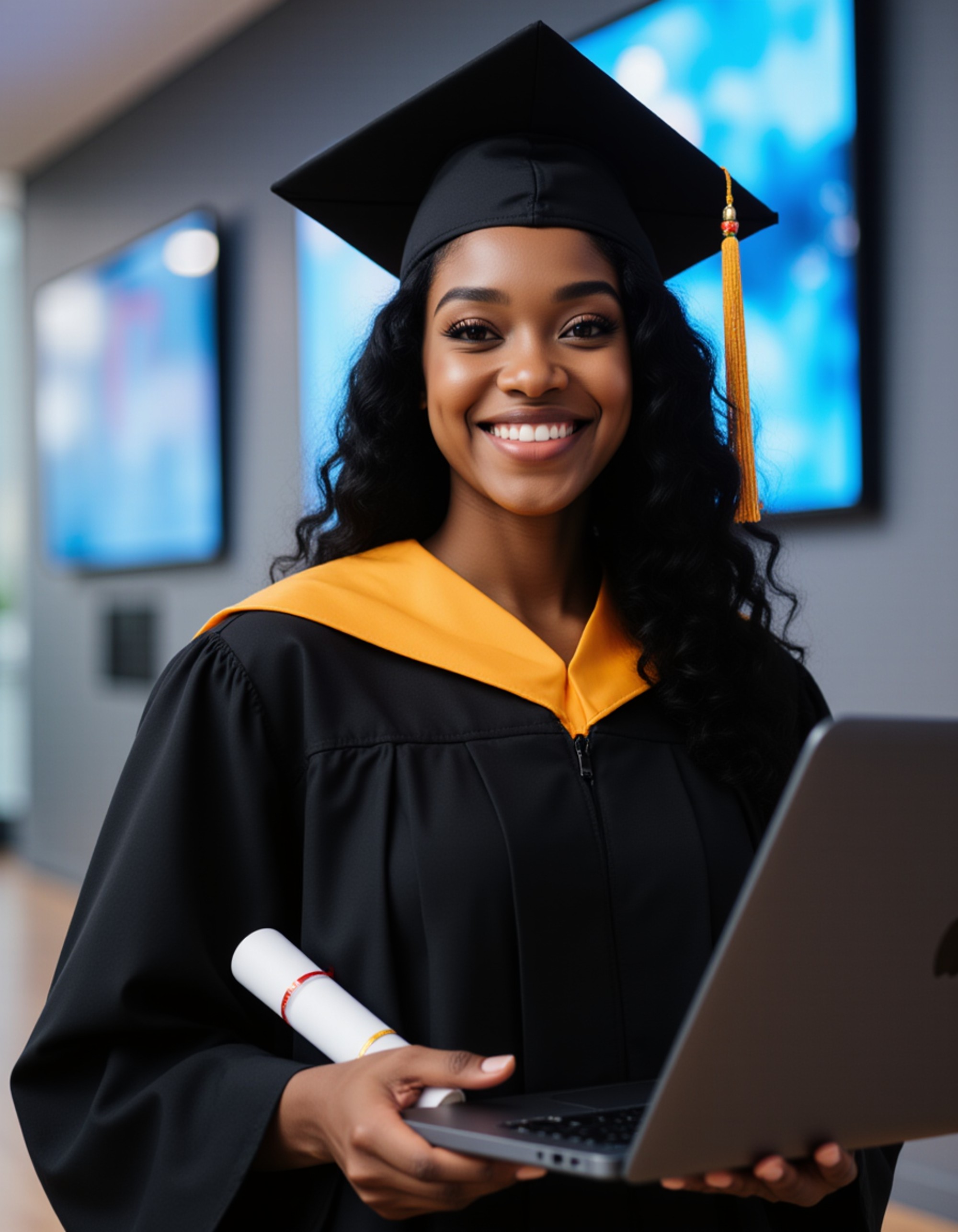 tech graduate in cap and gown with computer science honor cord, holding diploma and laptop, modern university innovation center with digital displays behind