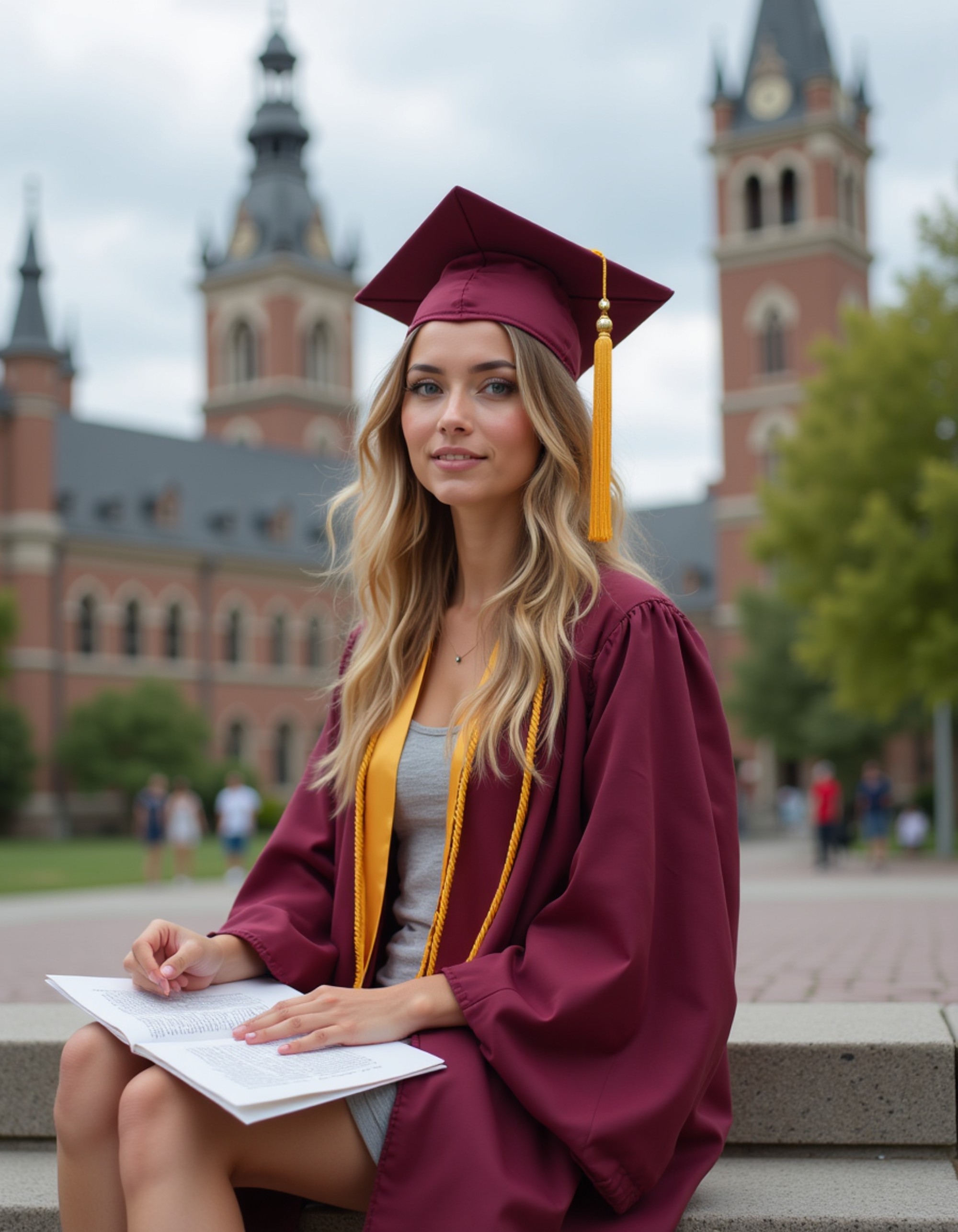 graduate model in burgundy cap and gown with golden tassel, sitting on university steps while reading diploma, historic campus bell tower chiming in background