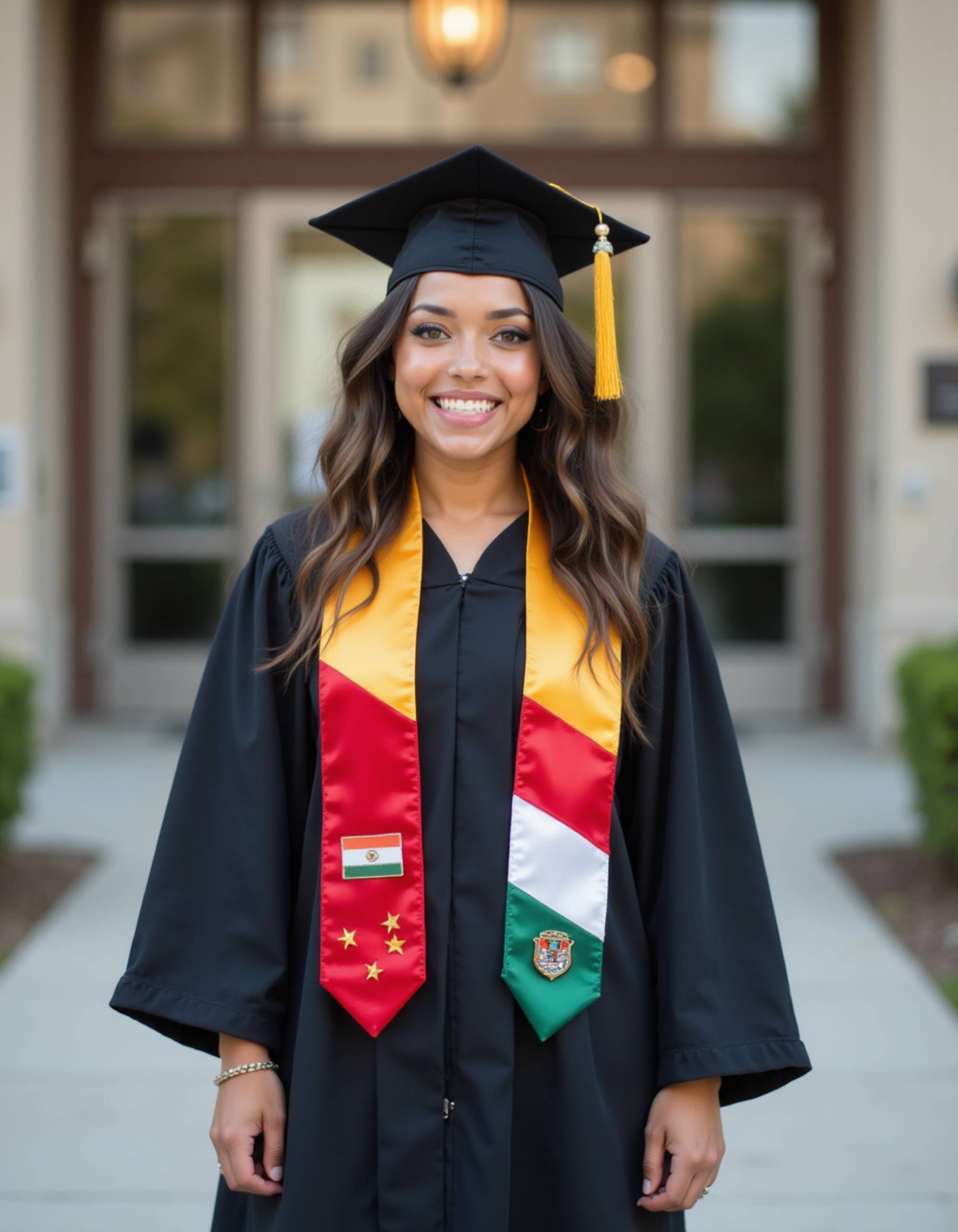 proud graduate in black academic dress with multicolored international student sash, mortarboard with flag pin, university's global studies building entrance
