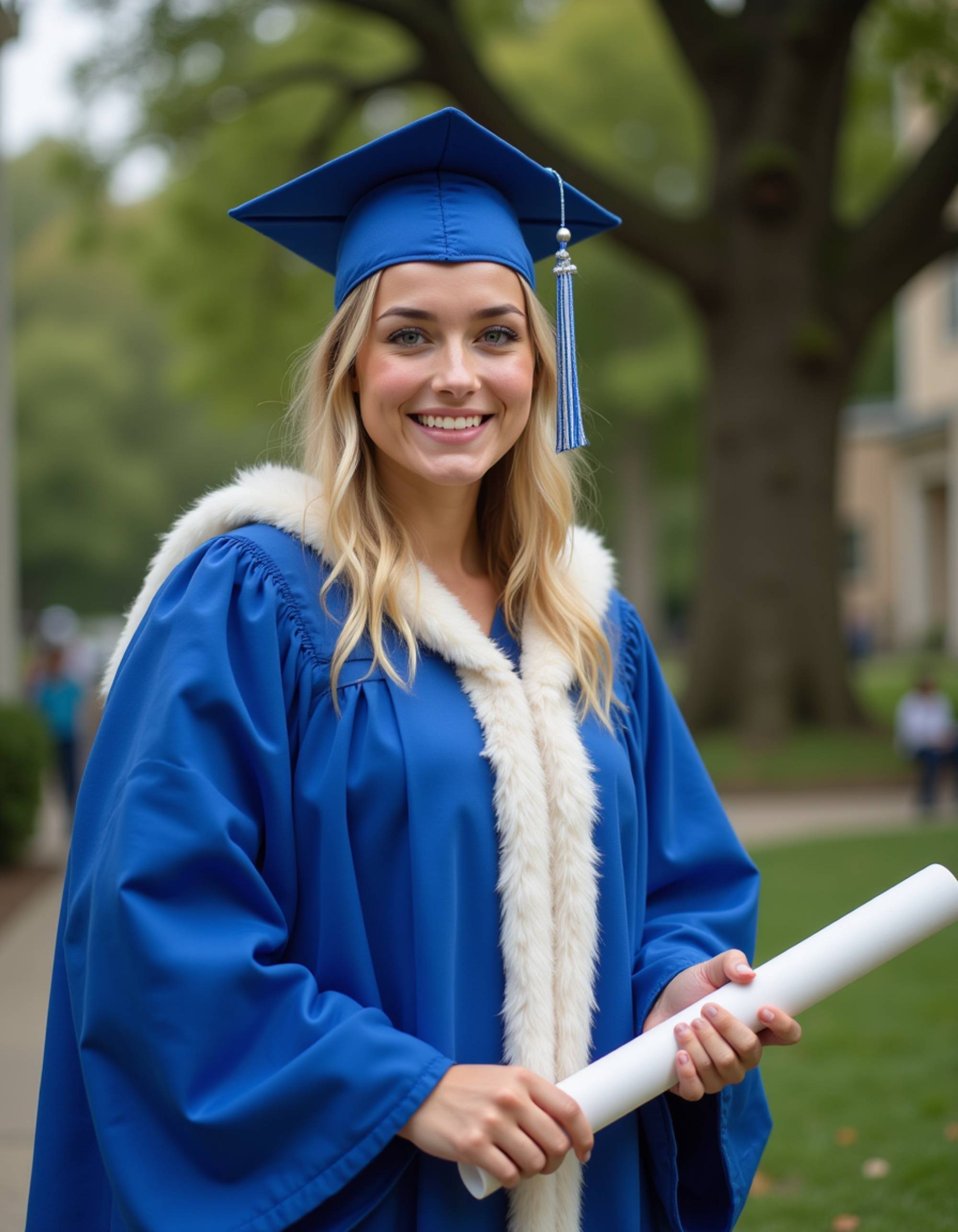 graduate model in royal blue regalia with white ermine hood, holding rolled parchment tied with ribbon, university's grand oak tree ceremony site