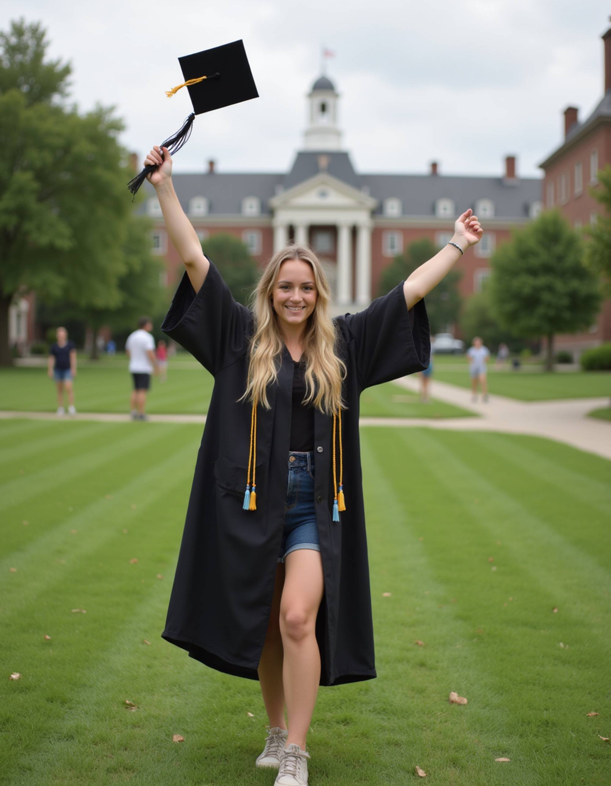 celebrating graduate with arms linked with invisible classmates pose, cap tilted playfully, diploma clutched tight, university's sprawling green lawn campus