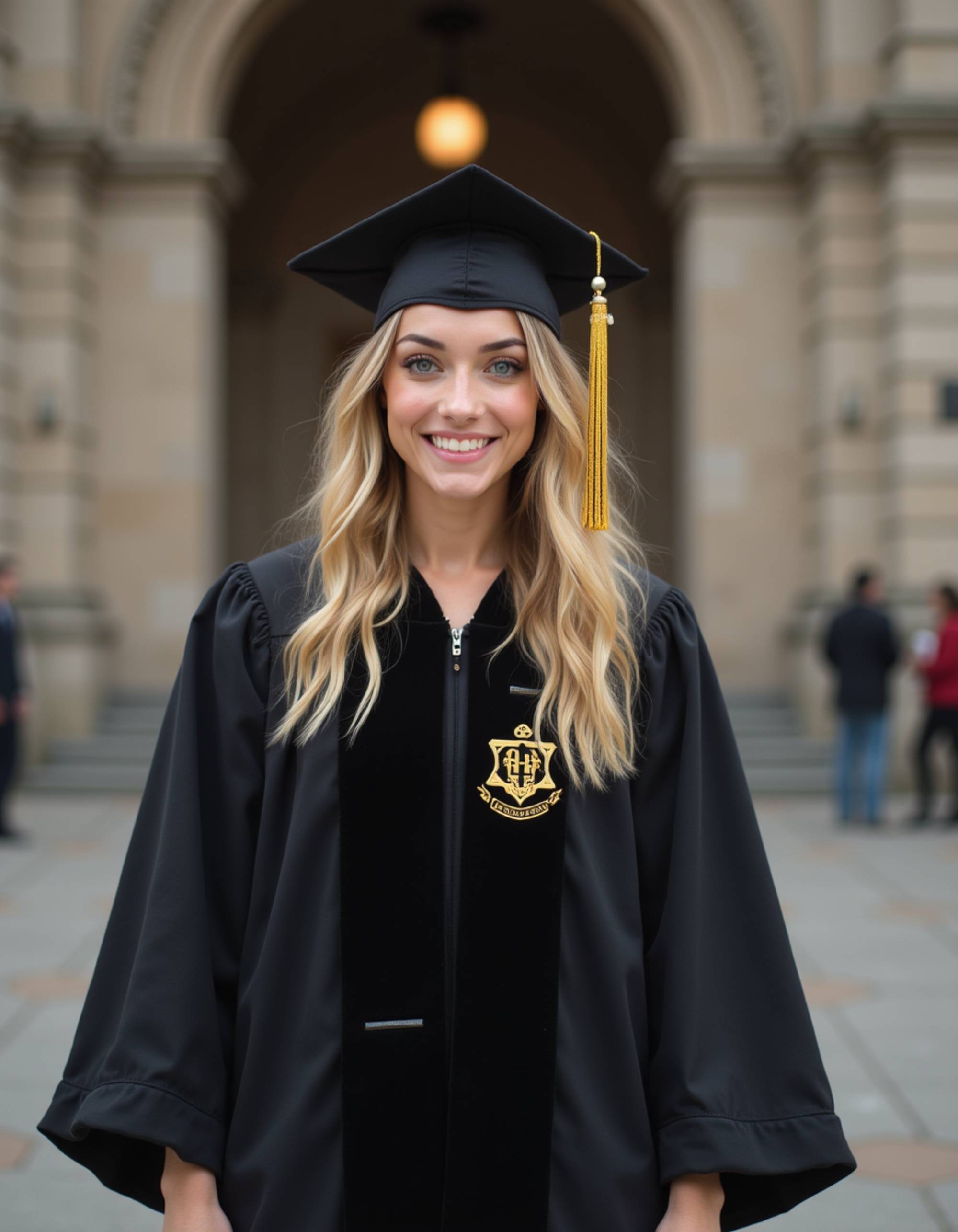 graduate model in traditional black gown with golden phi beta kappa key, mortarboard perfectly straight, university's historic stone administration building facade
