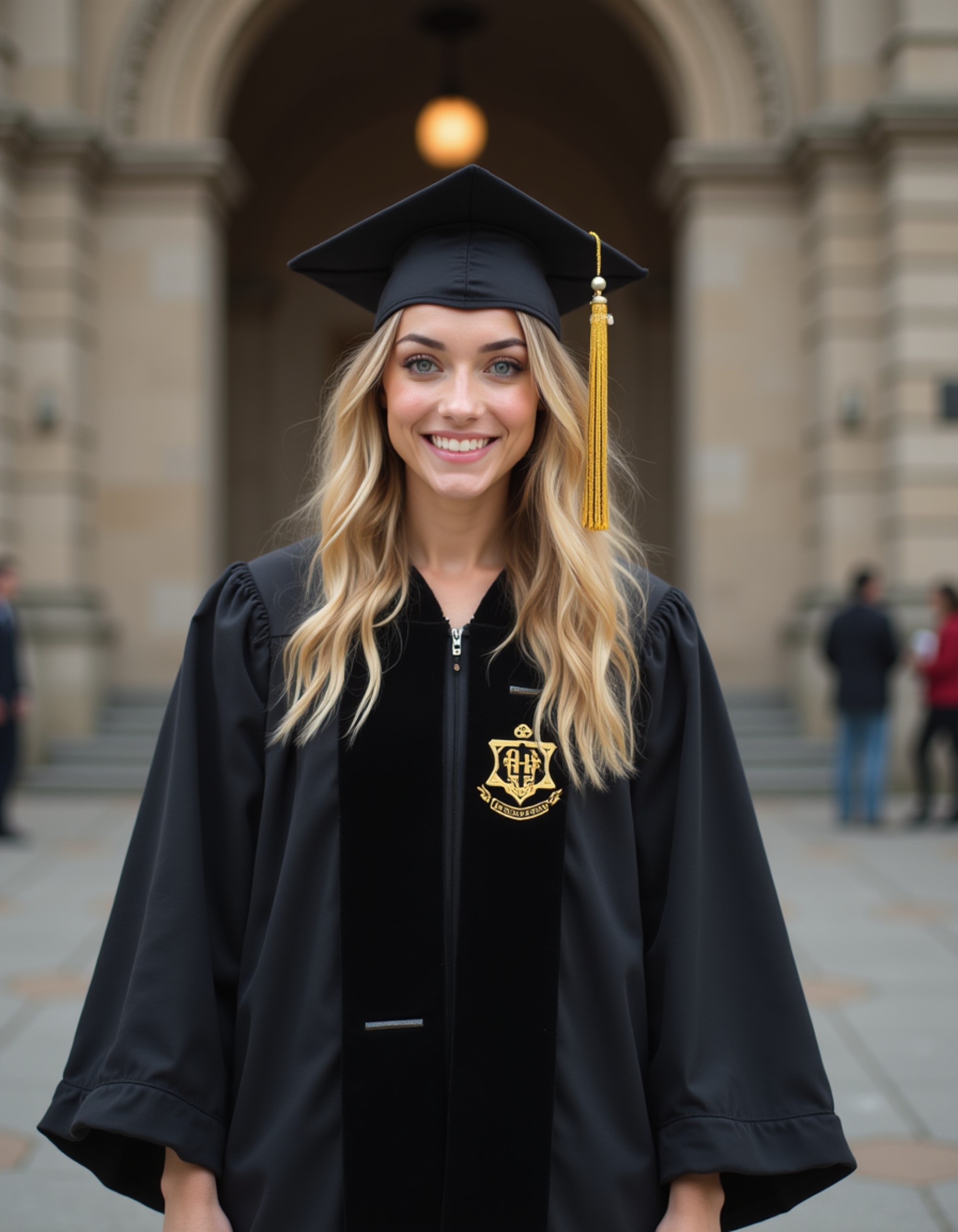 graduate model in traditional black gown with golden phi beta kappa key, mortarboard perfectly straight, university's historic stone administration building facade