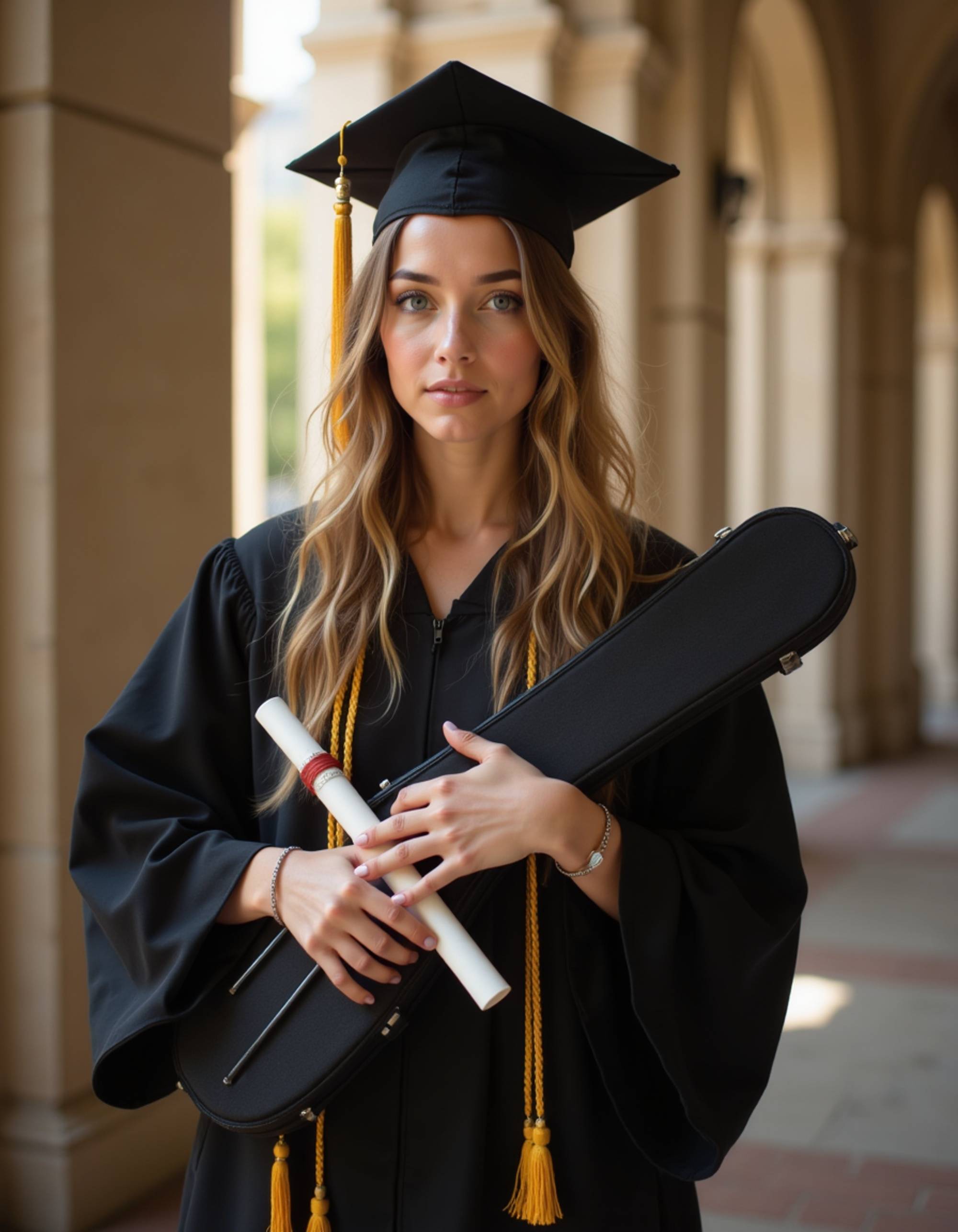 musical graduate in cap and gown with performance arts honor cord, holding diploma and violin case, university's concert hall with classical columns behind