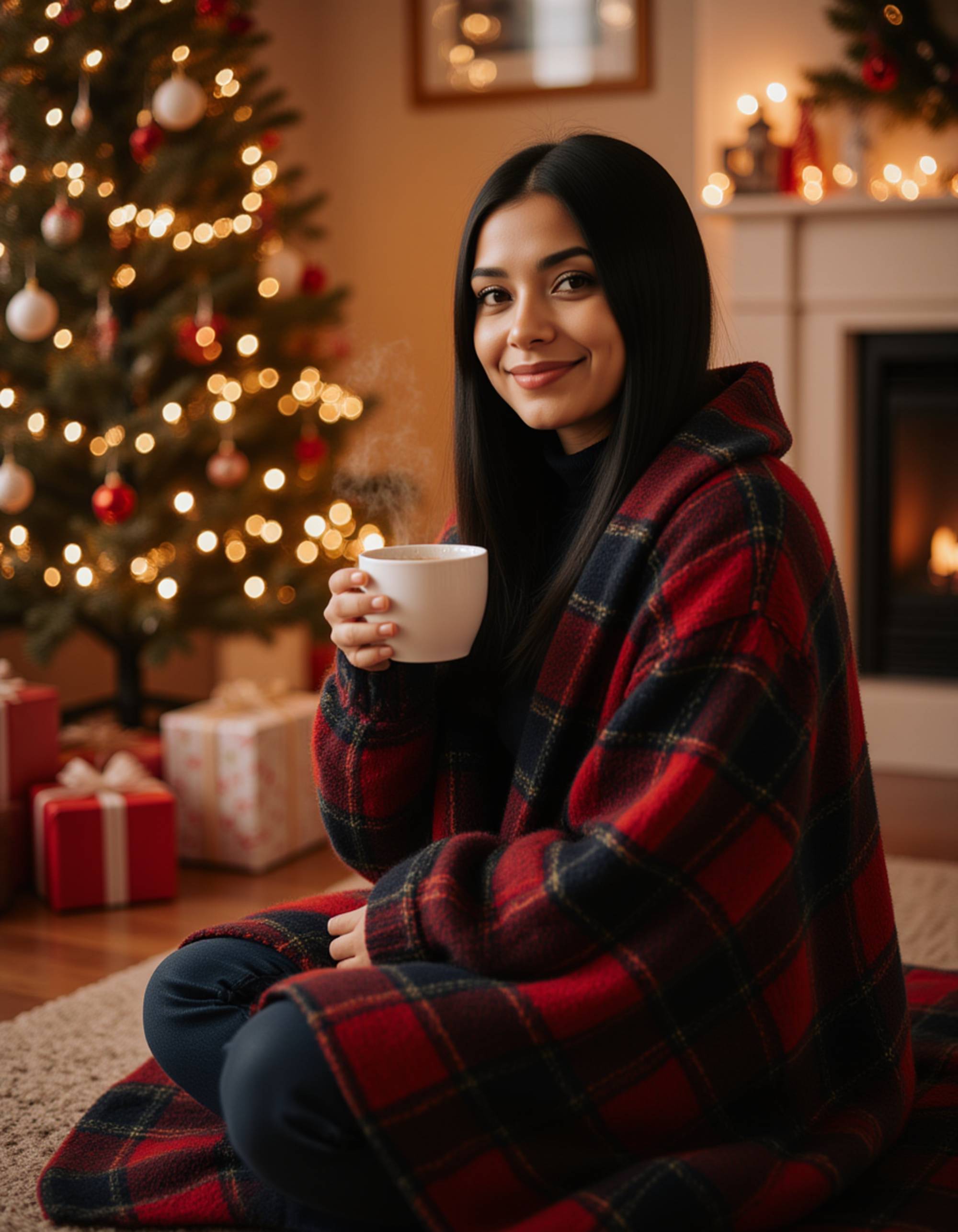 A model sitting beside a beautifully decorated Christmas tree, wrapped in a cozy blanket, holding a steaming mug of hot chocolate, with twinkling fairy lights and wrapped presents surrounding them in a warm living room setting