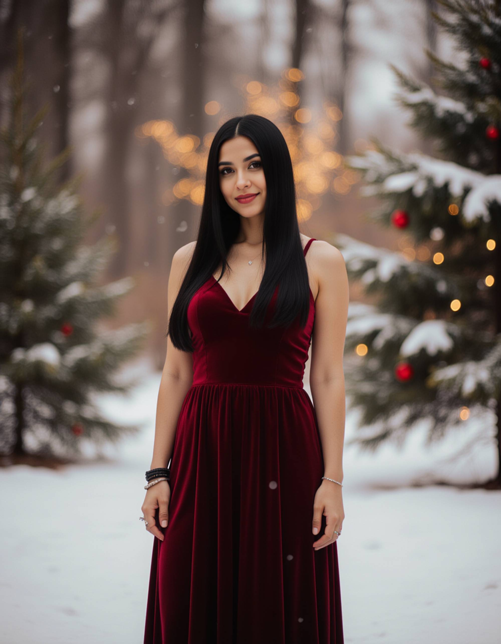A model standing in a snowy winter wonderland scene, wearing an elegant red velvet dress and festive accessories, with snow gently falling, a decorated pine tree nearby, and golden bokeh lights creating a magical atmosphere