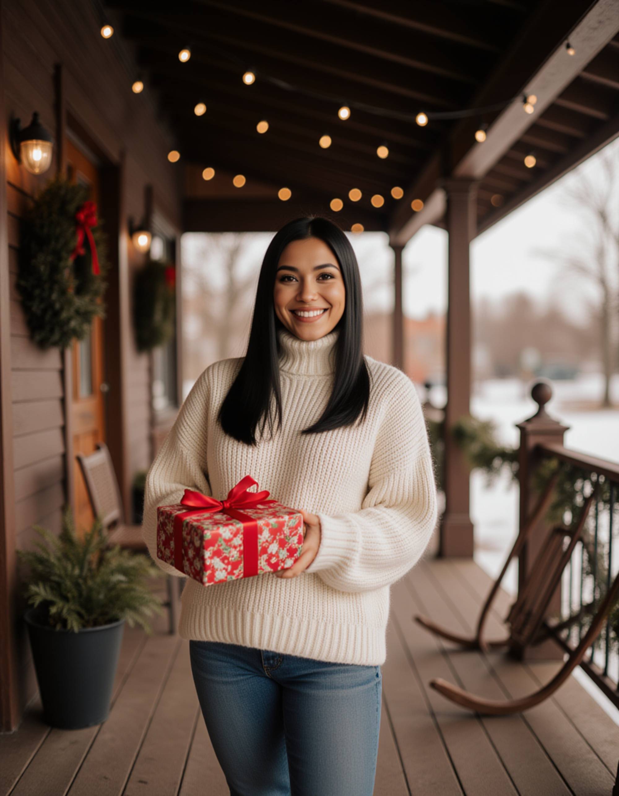 A model posed on a rustic wooden porch decorated with evergreen wreaths and red ribbons, wearing a chunky knit sweater and holding a gift box, with string lights overhead and a vintage sled leaning against the railing