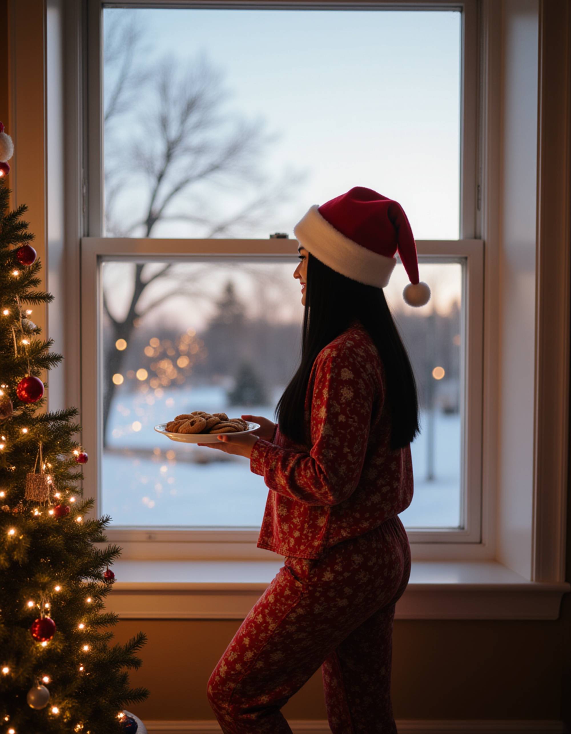 A model standing in front of a large bay window showing a snowy landscape outside, wearing festive pajamas and a Santa hat, holding a plate of cookies, with a decorated tree reflected in the window glass and string lights framing the scene