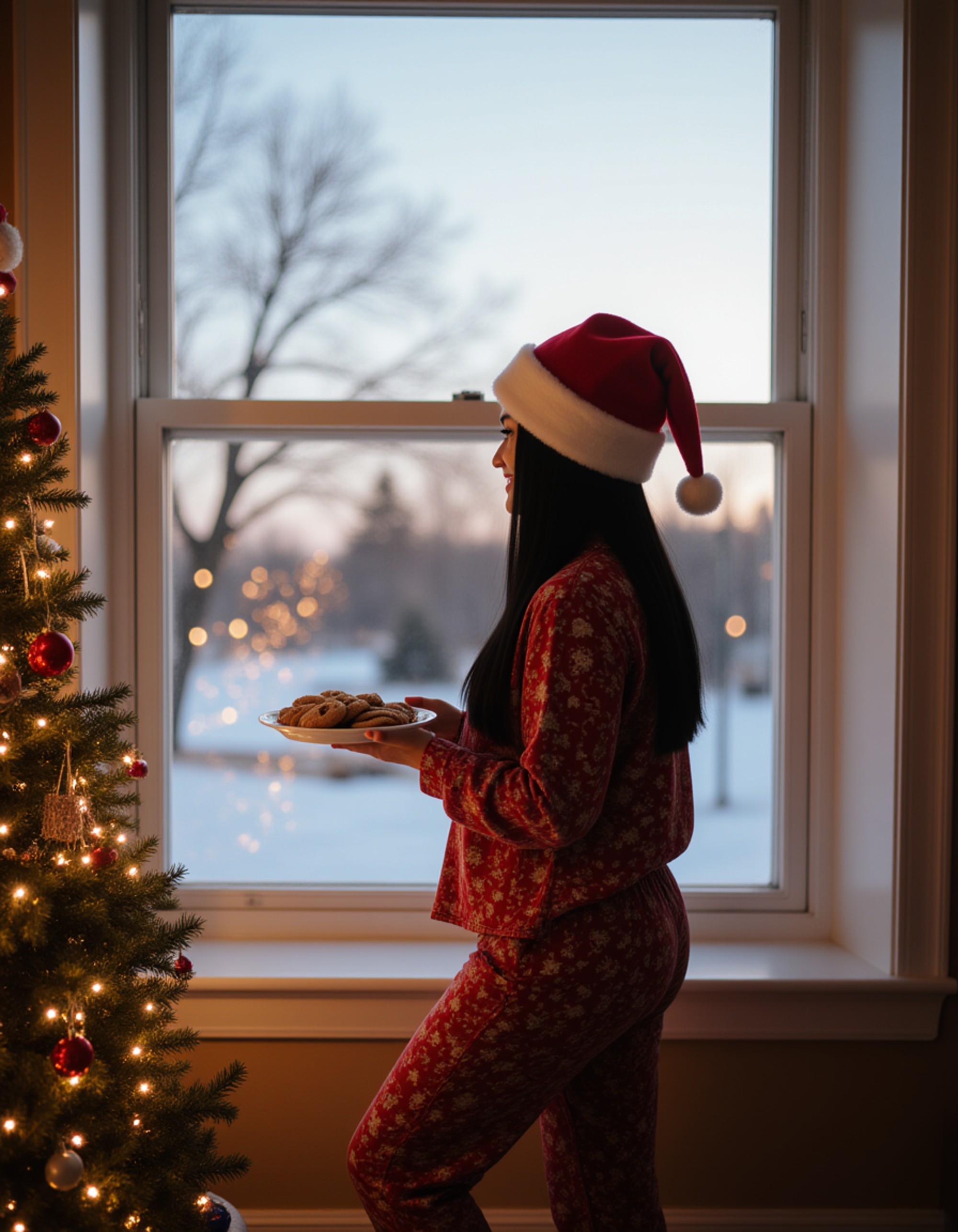 A model standing in front of a large bay window showing a snowy landscape outside, wearing festive pajamas and a Santa hat, holding a plate of cookies, with a decorated tree reflected in the window glass and string lights framing the scene
