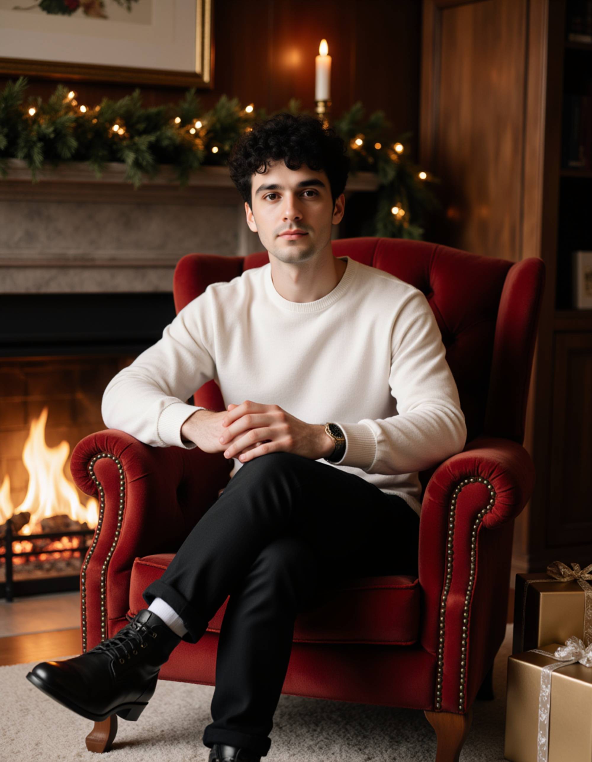 A model sitting on a plush velvet armchair next to a crackling fireplace, wearing a luxurious white cashmere sweater, surrounded by gold and silver wrapped presents, with evergreen garland draped elegantly and soft candlelight illuminating the scene