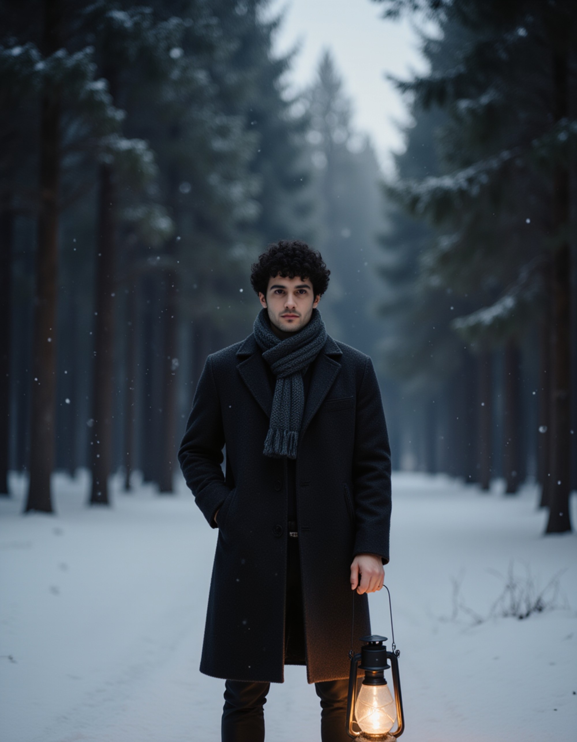 A model standing in a snowy forest clearing holding a lantern, dressed in a long wool coat and knit scarf, with frost-covered pine trees in the background, falling snowflakes, and a warm golden glow from the lantern creating a peaceful winter night atmosphere