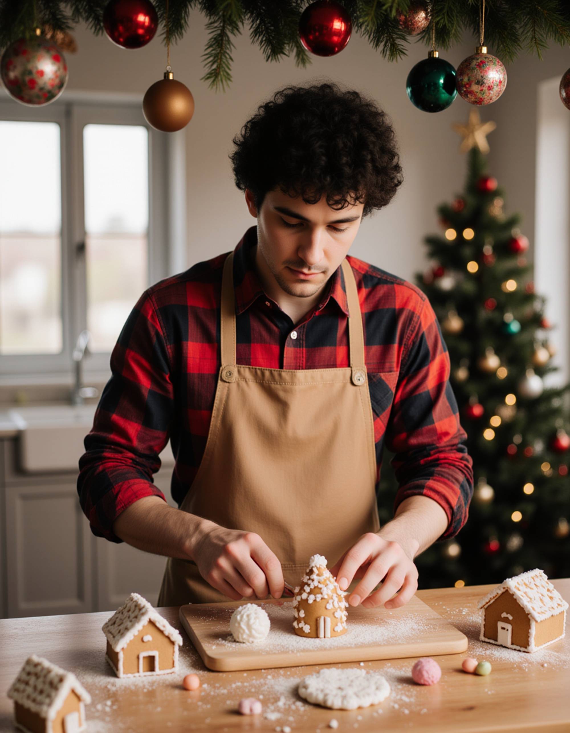 A model decorating gingerbread houses at a festive kitchen table, wearing a cozy holiday apron over a plaid shirt, with Christmas decorations hanging above, colorful icing and candies scattered around, and a decorated tree visible in the background