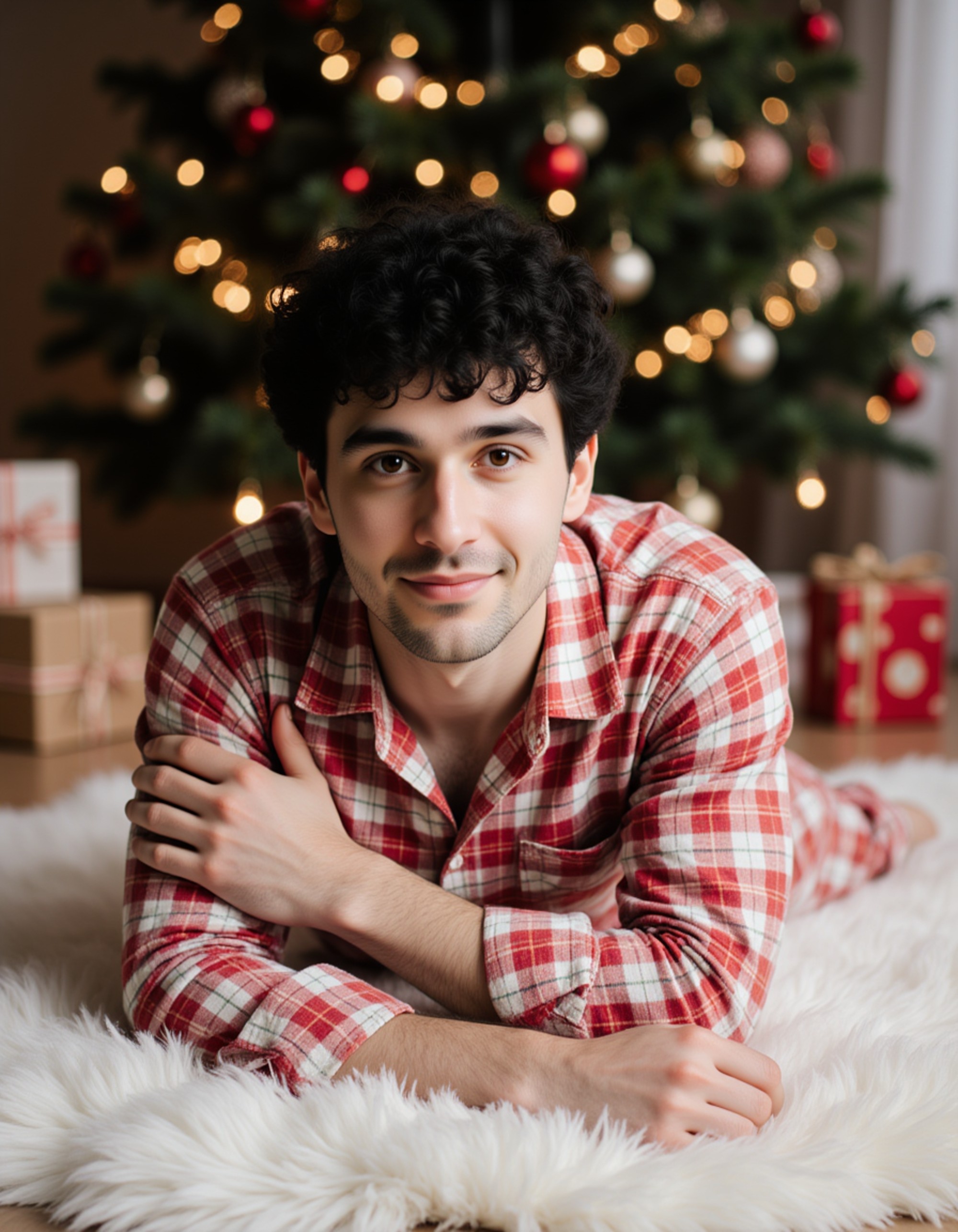 A model lying on a soft white fur rug in front of a Christmas tree, wearing matching holiday pajamas, surrounded by unwrapped presents and colorful wrapping paper, with fairy lights creating a warm bokeh effect and a cozy, relaxed morning vibe