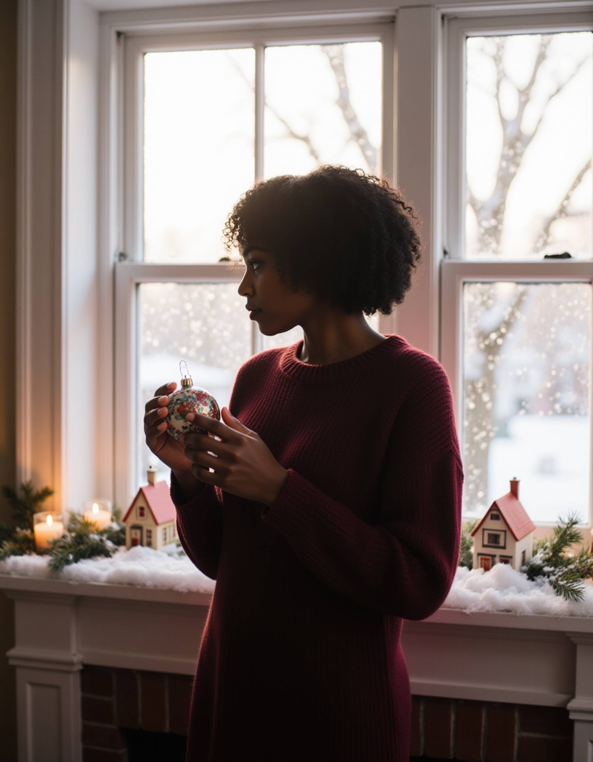 A model standing at a snow-covered window sill decorated with miniature Christmas village houses and candles, wearing a burgundy knit sweater dress, holding a vintage ornament, with frosted window panes and soft morning light streaming through