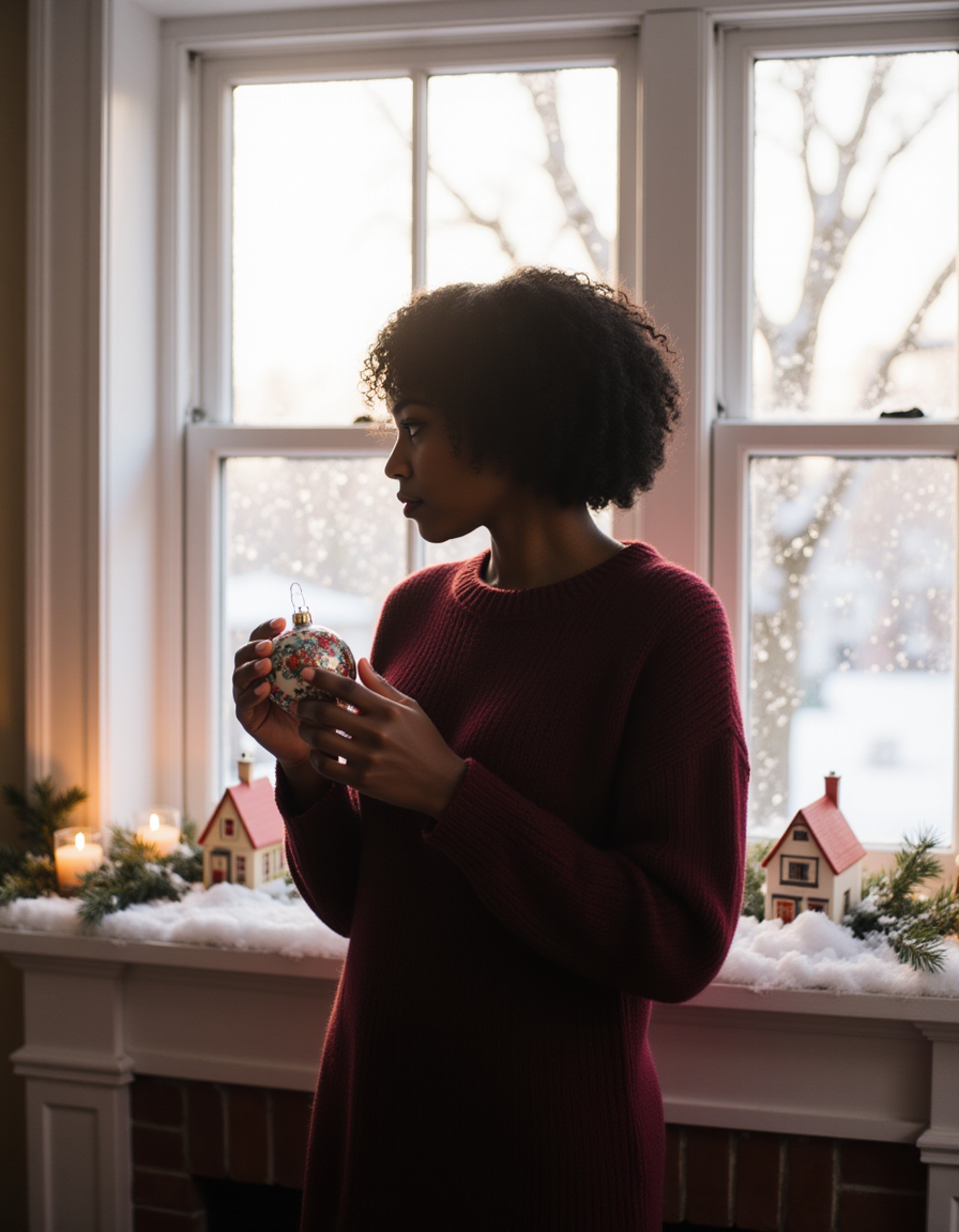 A model standing at a snow-covered window sill decorated with miniature Christmas village houses and candles, wearing a burgundy knit sweater dress, holding a vintage ornament, with frosted window panes and soft morning light streaming through
