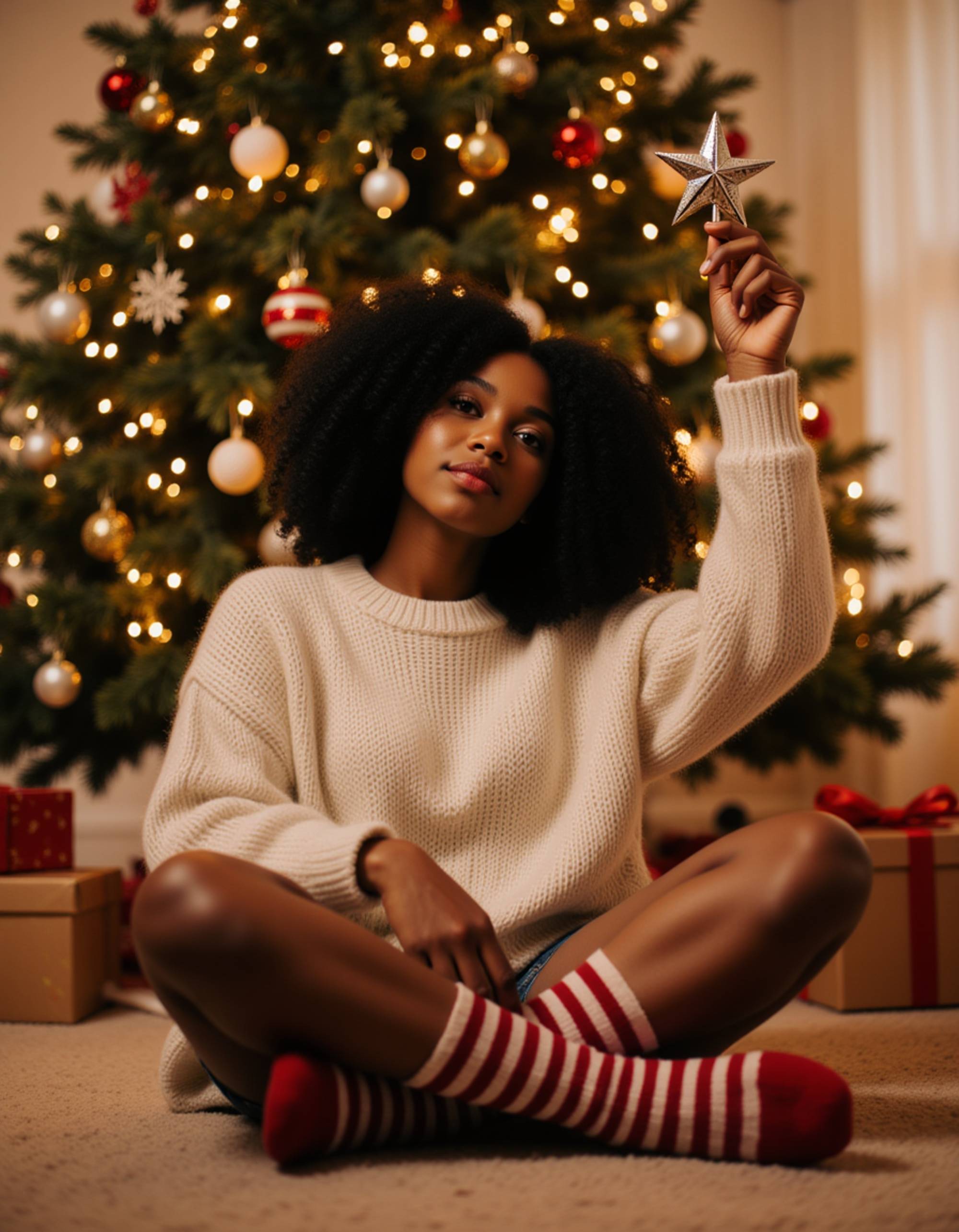 A model sitting cross-legged under a Christmas tree surrounded by glowing lights and ornaments, wearing festive red and white striped socks and an oversized sweater, reaching up to hang a star topper, with presents scattered around and a warm homey atmosphere