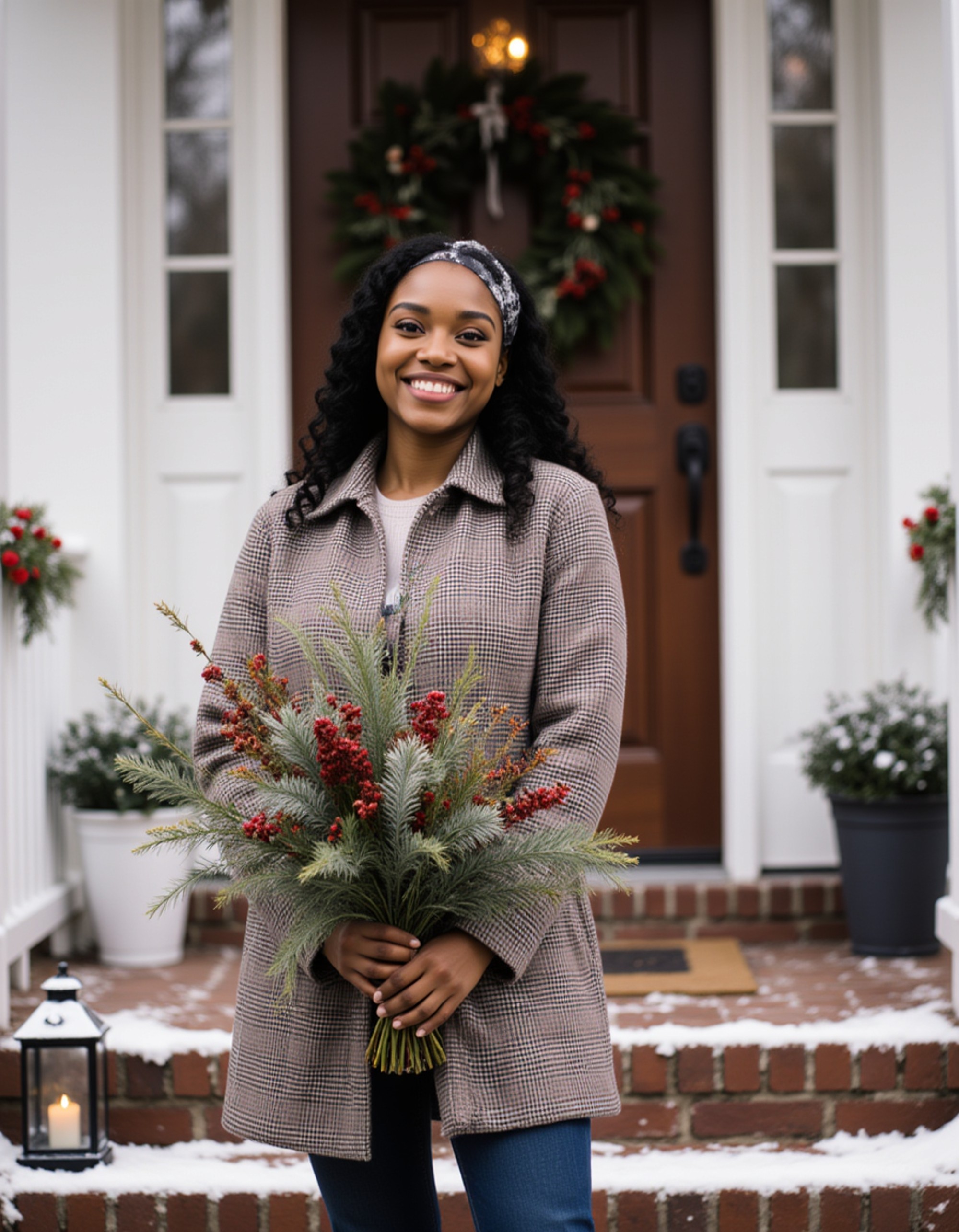 A model standing on a decorated front porch with a wreath-adorned door behind them, wearing a plaid coat and holding a bouquet of winter greenery and berries, with snow dusting the railings, lanterns glowing, and a welcoming holiday entrance scene