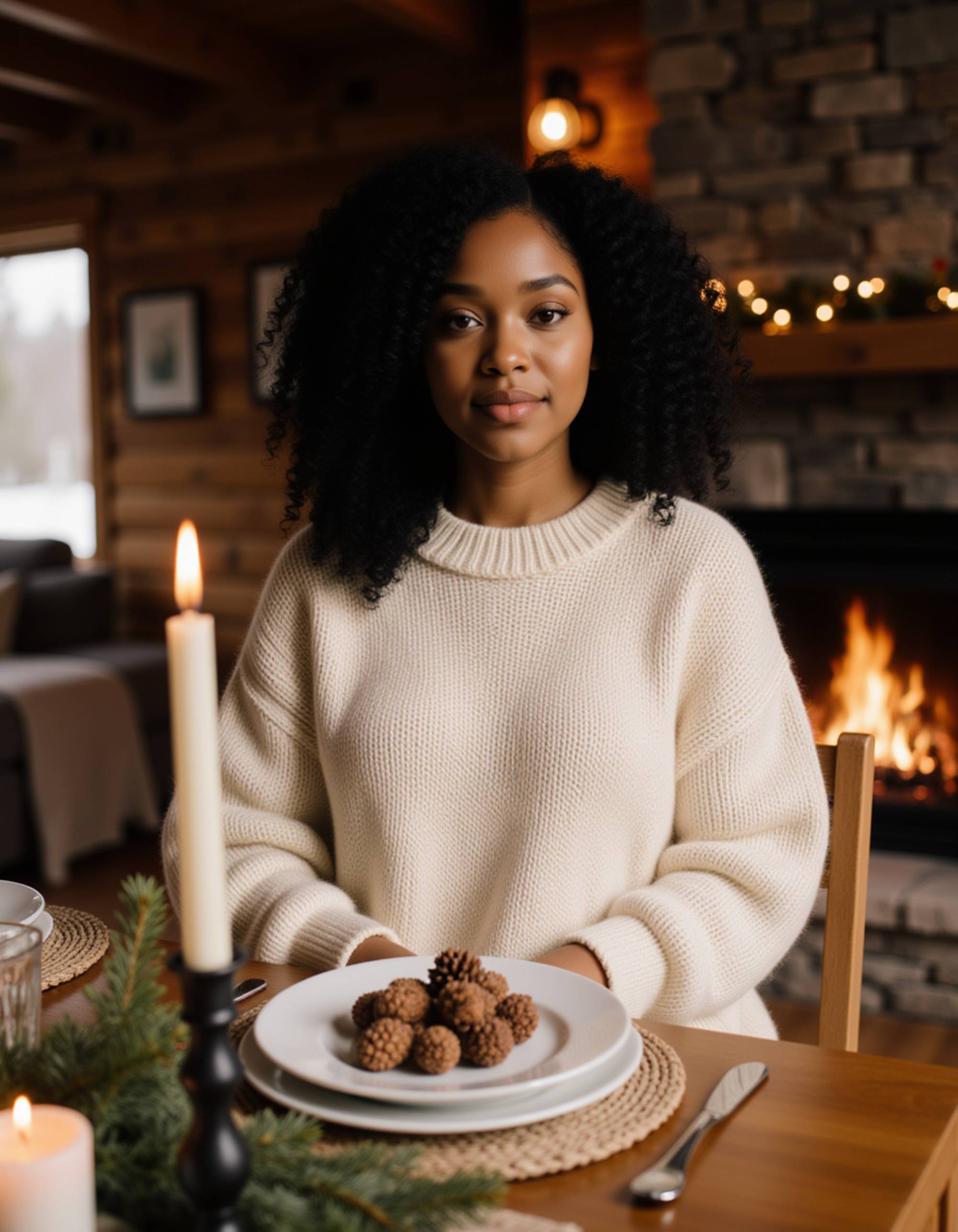 A model posing in a rustic cabin interior beside a wooden dining table set for Christmas dinner, wearing a cream cable-knit sweater, with candles, pinecones, and evergreen centerpieces on the table, and a roaring fire visible in the stone fireplace