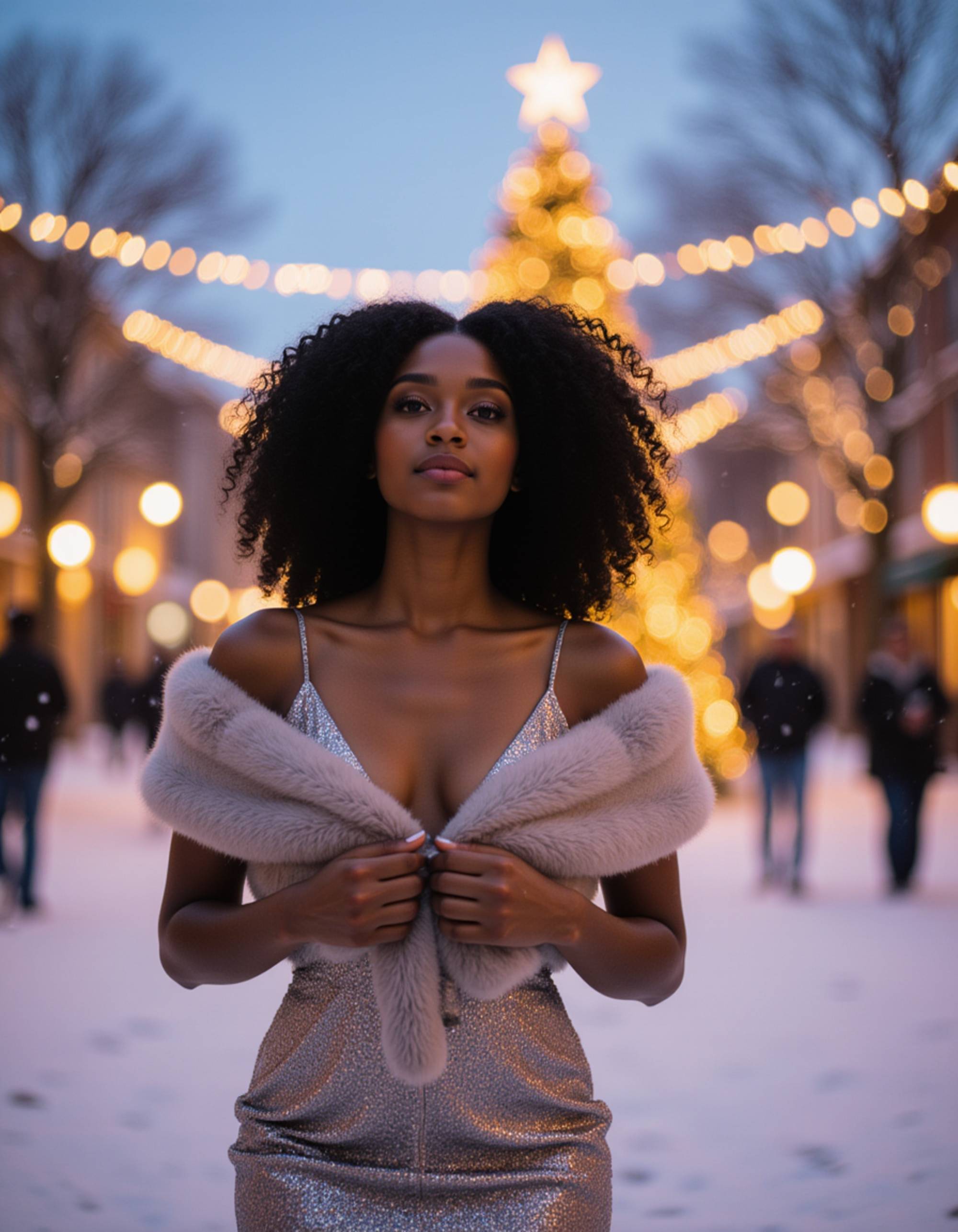 A model twirling in falling snow outside at dusk, wearing a sparkly silver dress and faux fur stole, with an illuminated Christmas tree in a town square behind them, string lights hanging overhead, and a magical winter evening celebration atmosphere