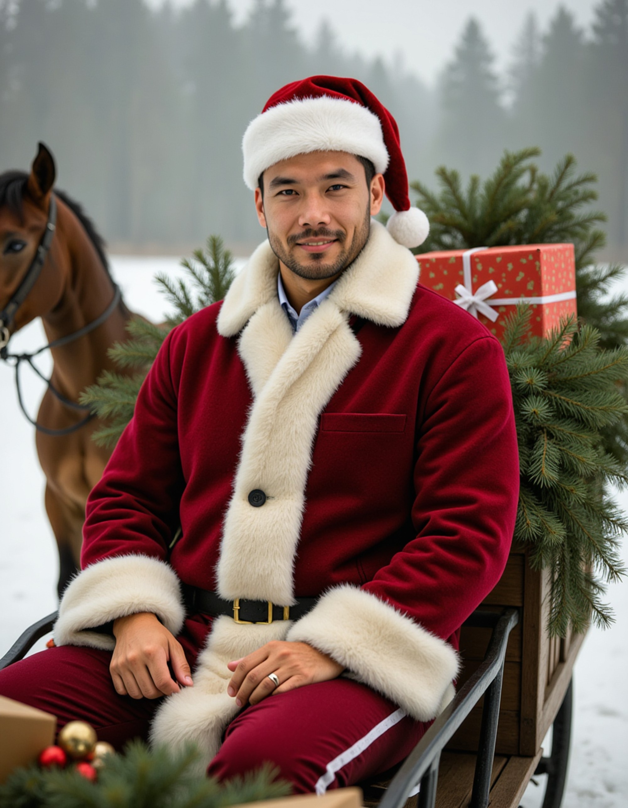 A model sitting in a sleigh filled with wrapped presents and evergreen branches, wearing a red velvet coat and white fur hat, with snow-covered ground, a horse wearing festive bells nearby, and a picturesque winter landscape in the background