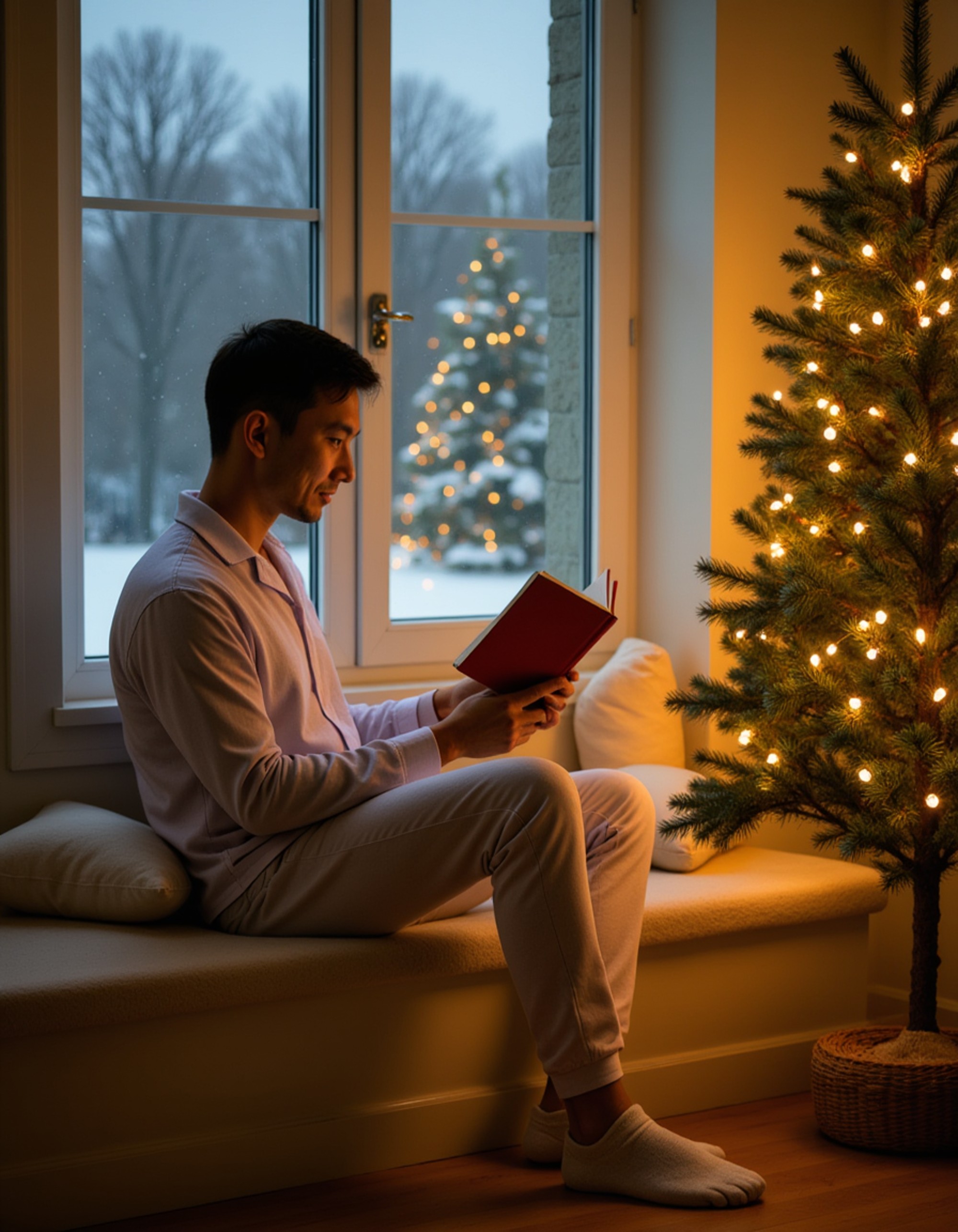 A model reading a book by the glow of a Christmas tree, curled up on a window seat with plush cushions, wearing cozy flannel pajamas and fuzzy socks, with snow falling outside the window, a mug of tea nearby, and warm fairy lights creating a peaceful reading nook