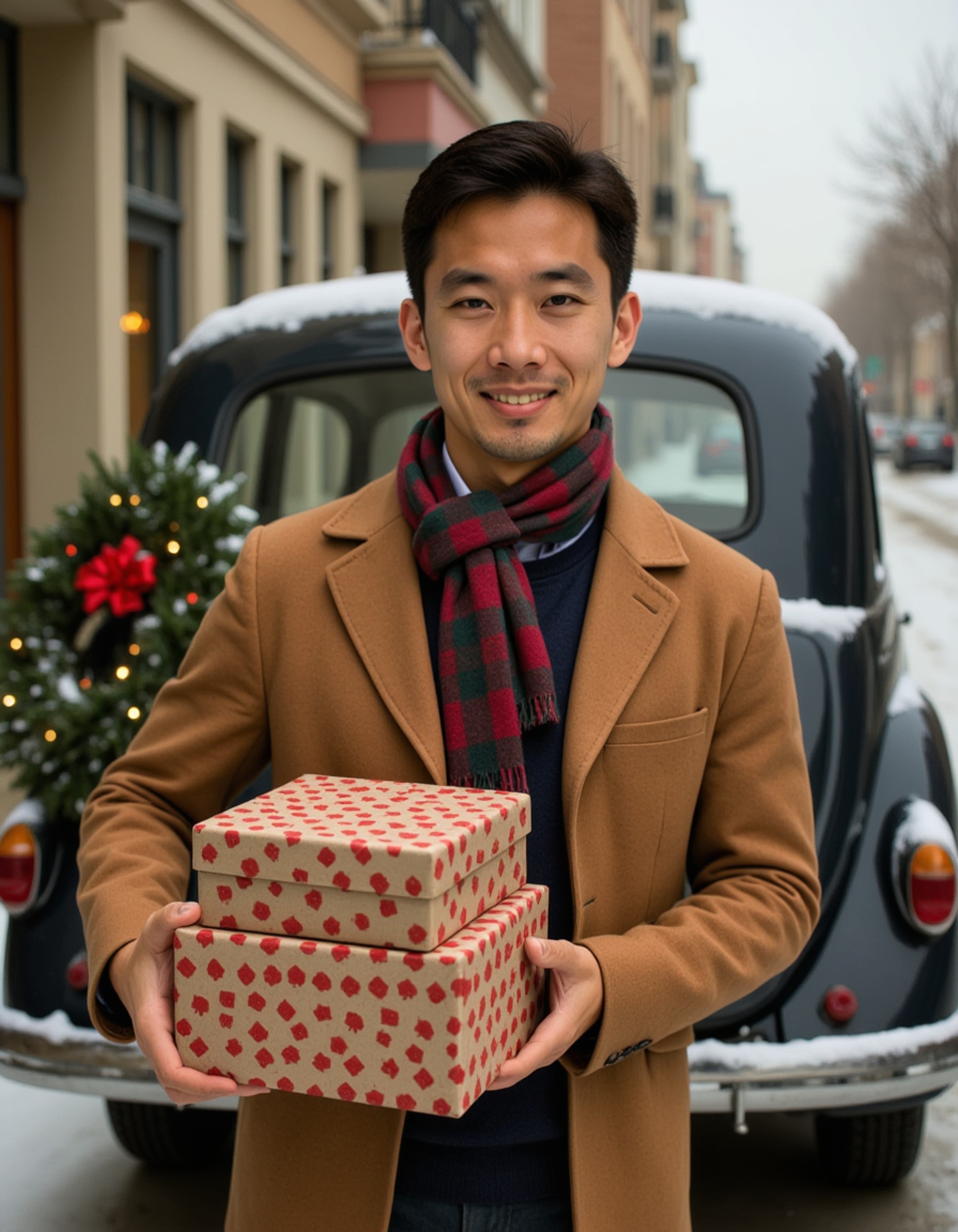A model holding a stack of beautifully wrapped Christmas presents in front of a vintage car decorated with a wreath and red bow, wearing a classic peacoat and plaid scarf, with snow gently falling and a nostalgic retro holiday shopping scene