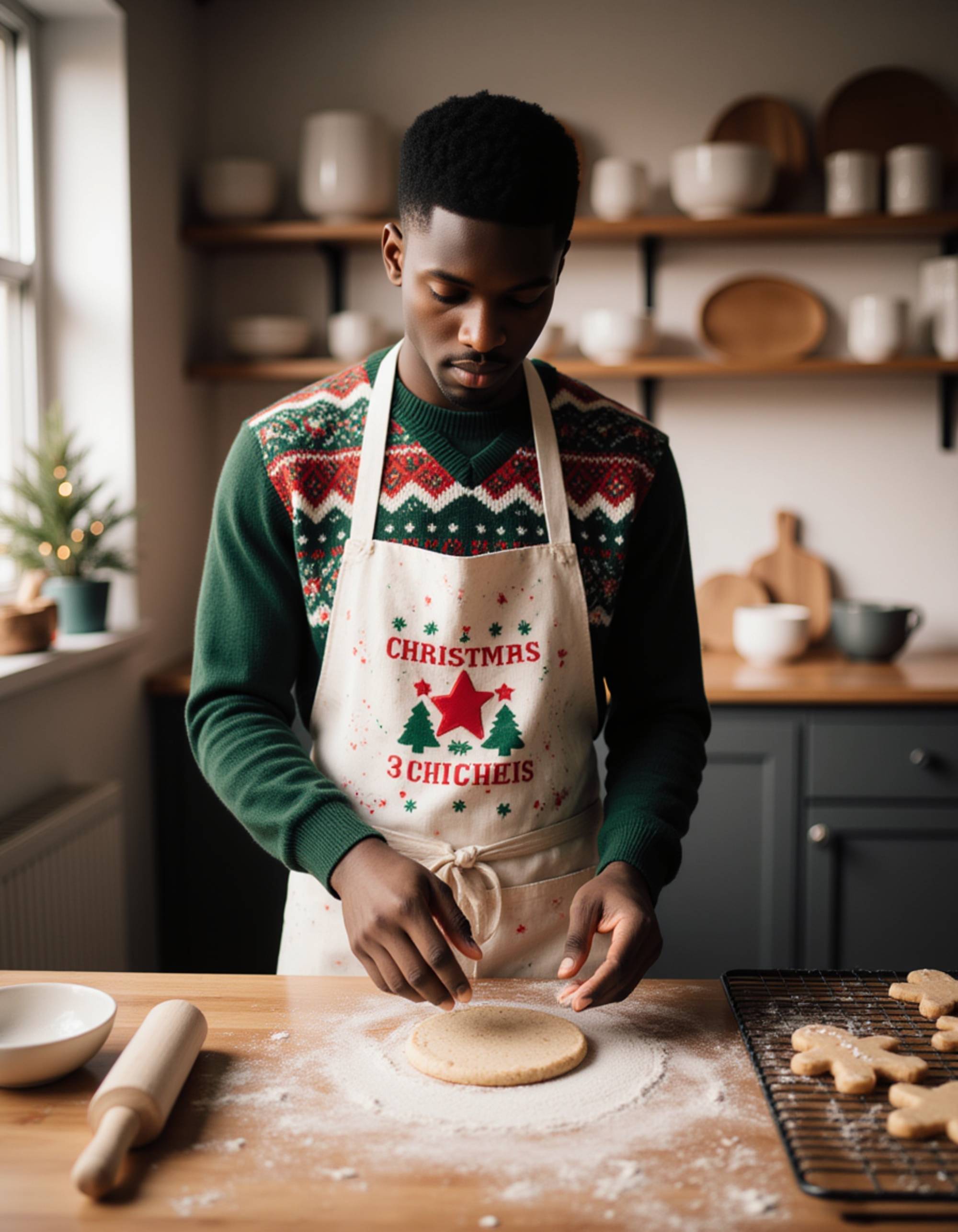 A model baking Christmas cookies in a farmhouse kitchen, wearing a festive apron over a cozy sweater, with flour dusted on their hands, cookie cutters and rolling pins on a wooden counter, gingerbread men cooling on racks, and holiday decorations adorning the rustic kitchen shelves