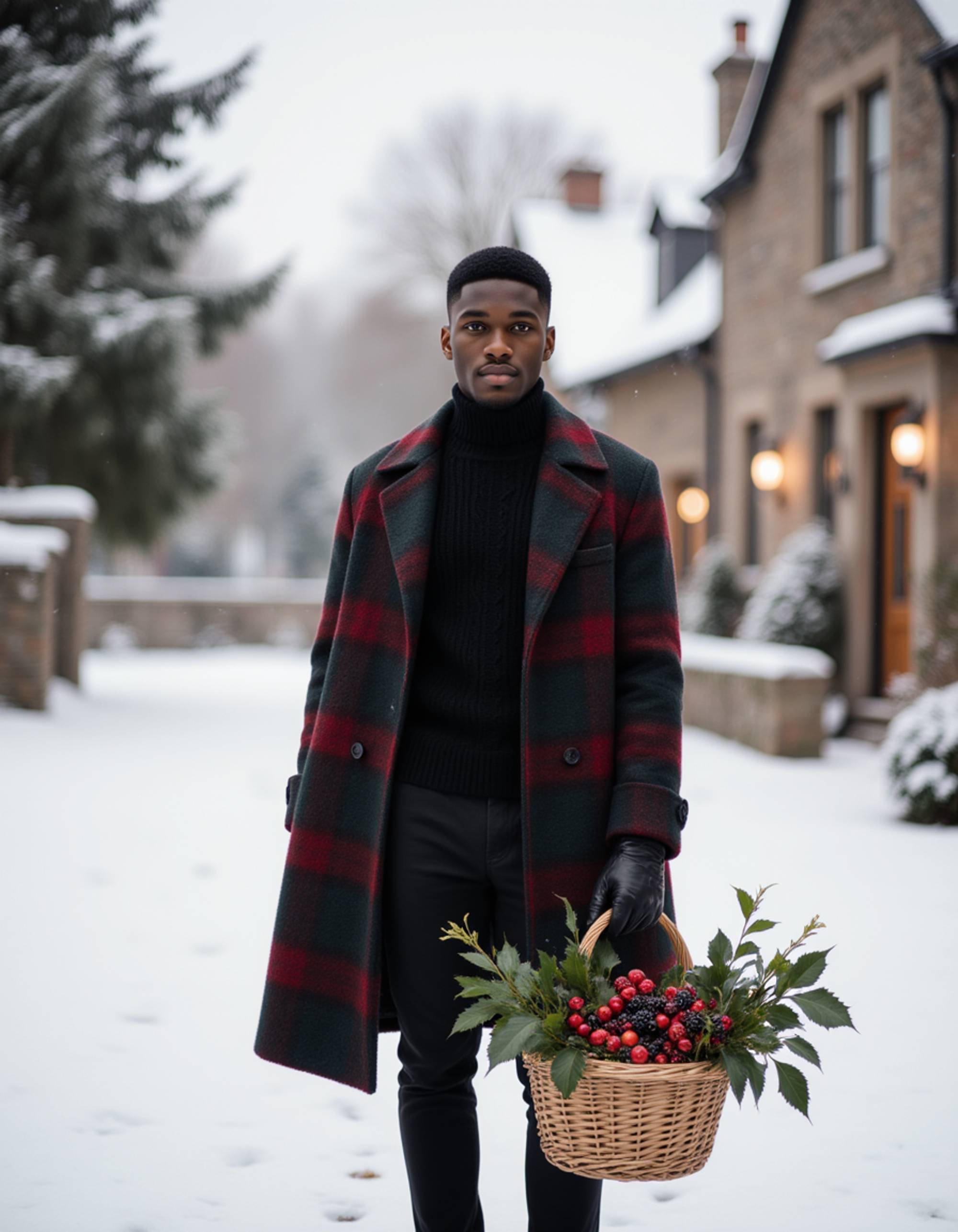 A model standing in a snow-covered garden holding a basket of fresh holly and winter berries, wearing a long tartan cape and leather gloves, with snow-laden trees in the background, a stone cottage with glowing windows visible, and a serene winter foraging scene