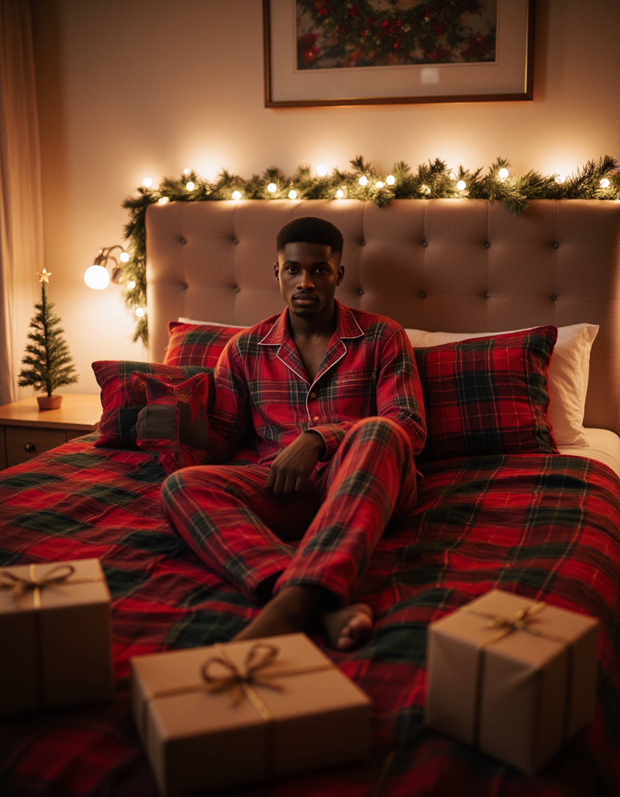 A model lounging on a luxurious bed covered in plaid blankets and festive pillows, wearing silk holiday pajamas, with a mini decorated Christmas tree on the nightstand, string lights draped across the headboard, and wrapped presents at the foot of the bed creating a cozy bedroom retreat